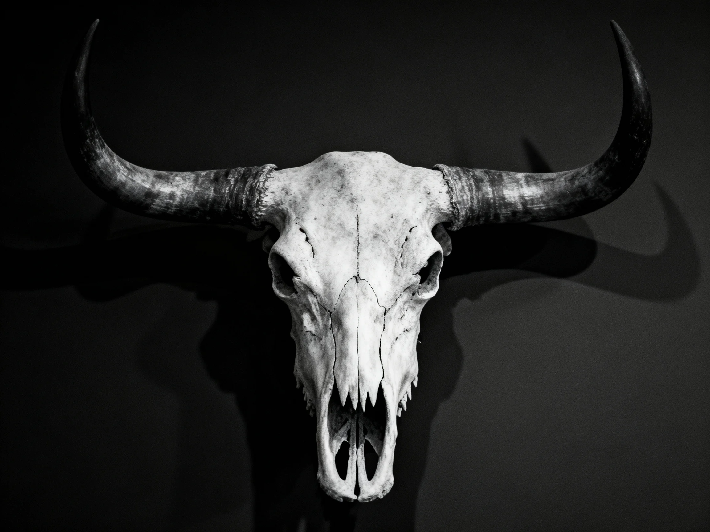 A stark black-and-white cow skull with large curved horns