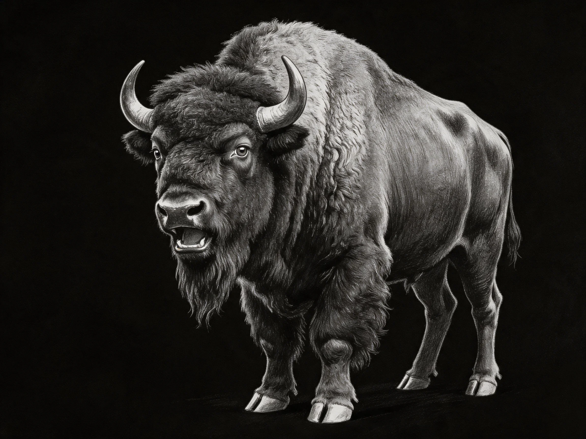 A stark monochrome depiction of a robust bison with prominent curved horns