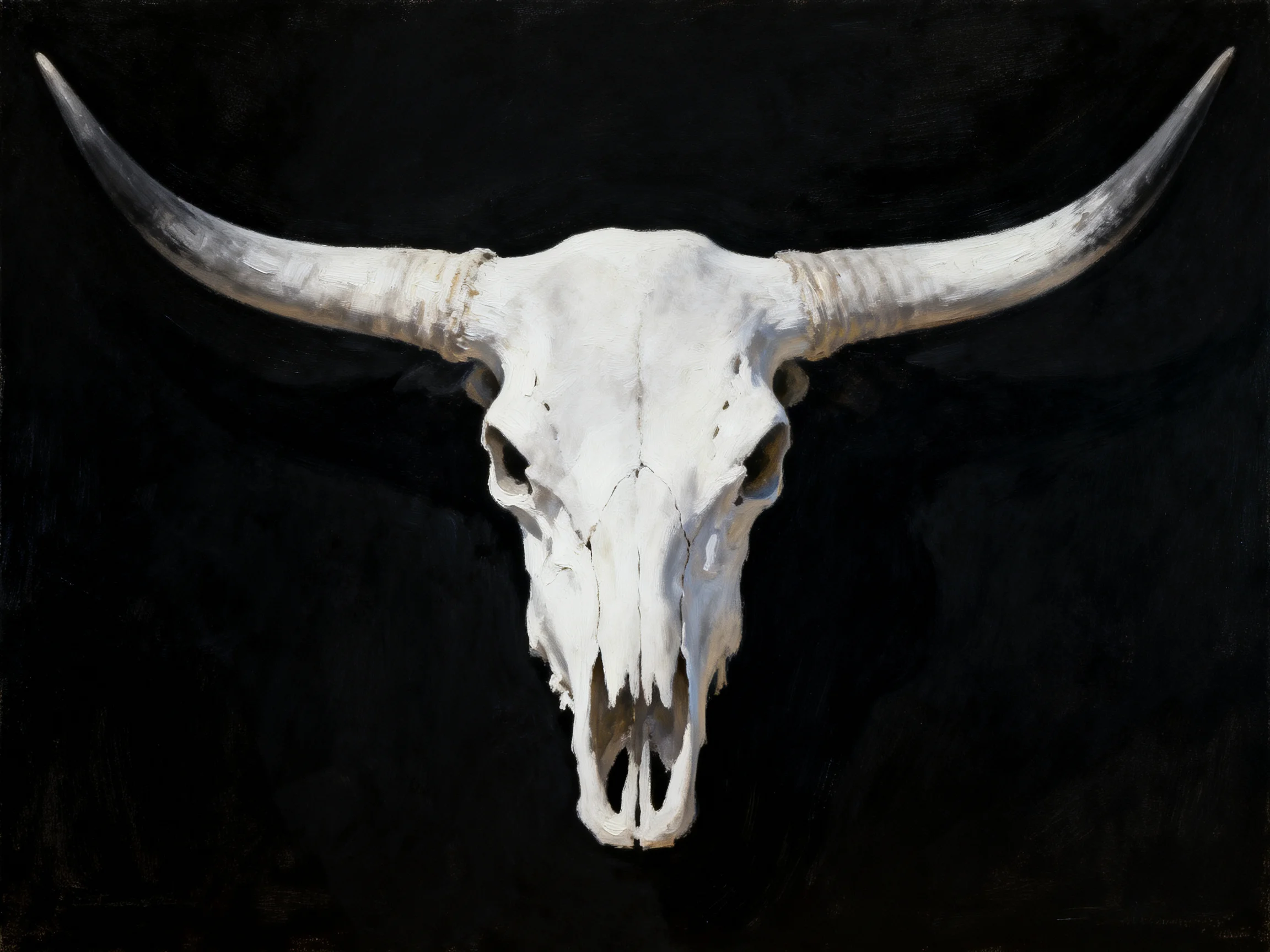 A stark white cow skull with large curved horns on a black backdrop