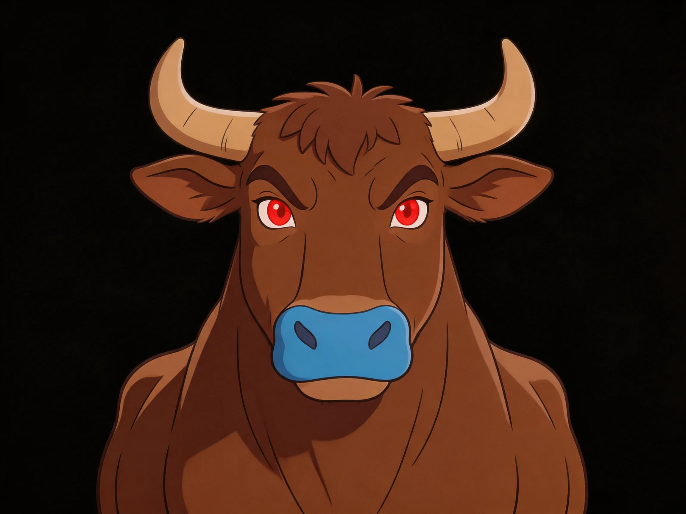 A stern brown bull with tan curved horns, blue muzzle, and red eyes
