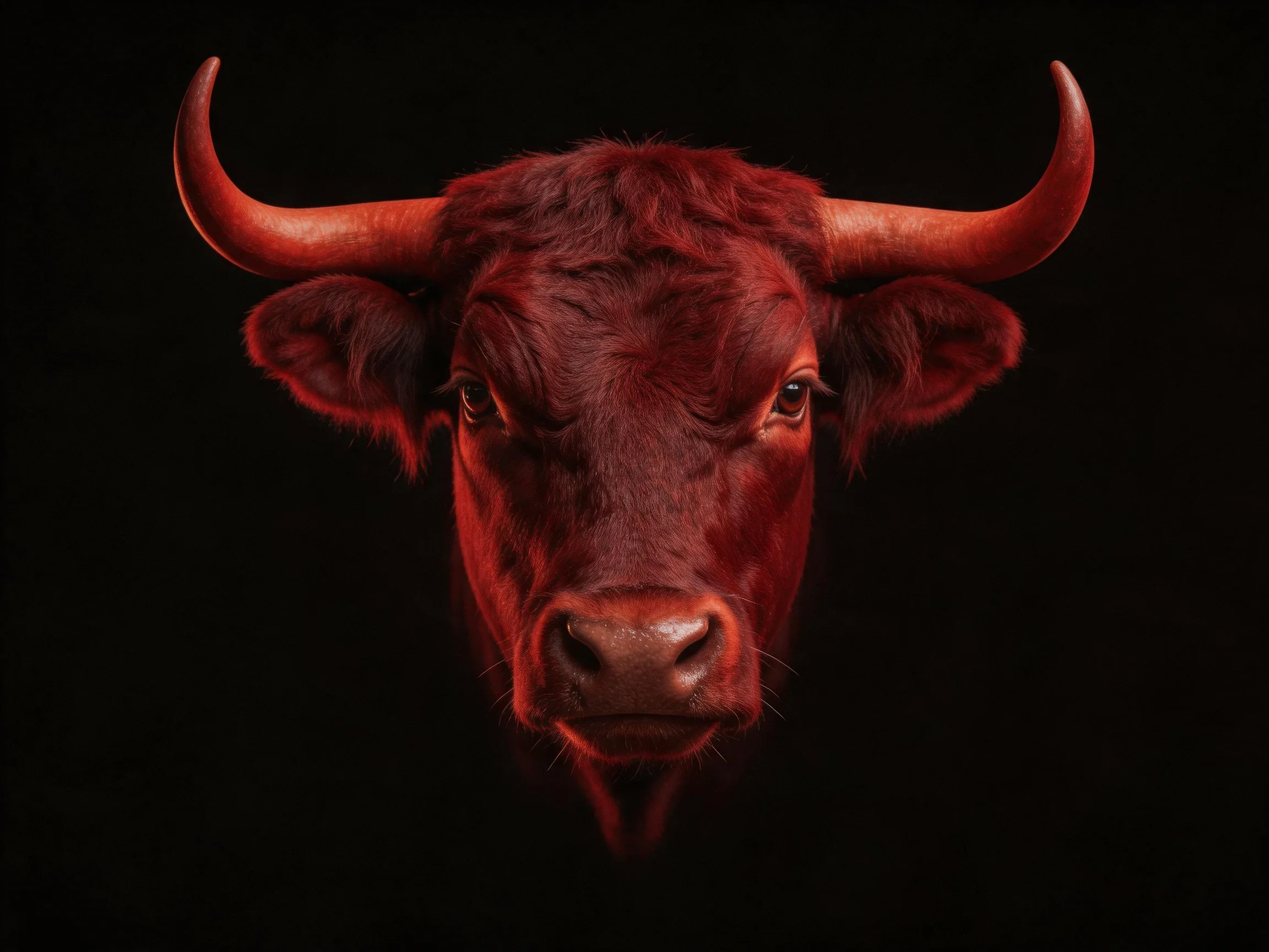 A striking red bull with large curved horns against a black backdrop