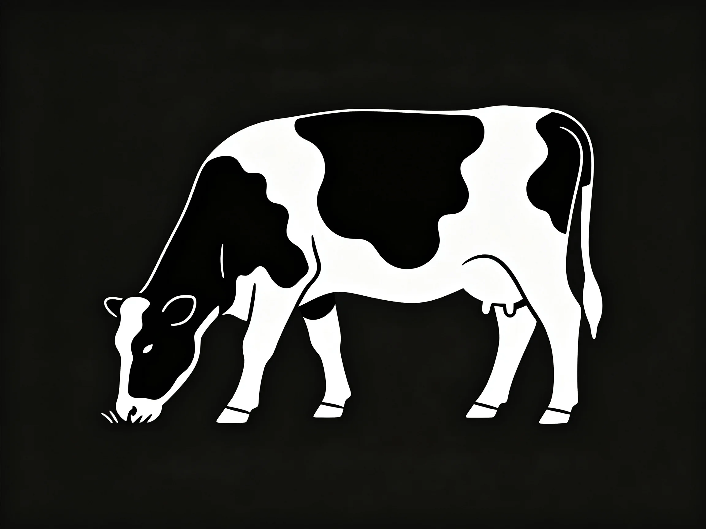 A stylized black and white cow illustration on a solid black background
