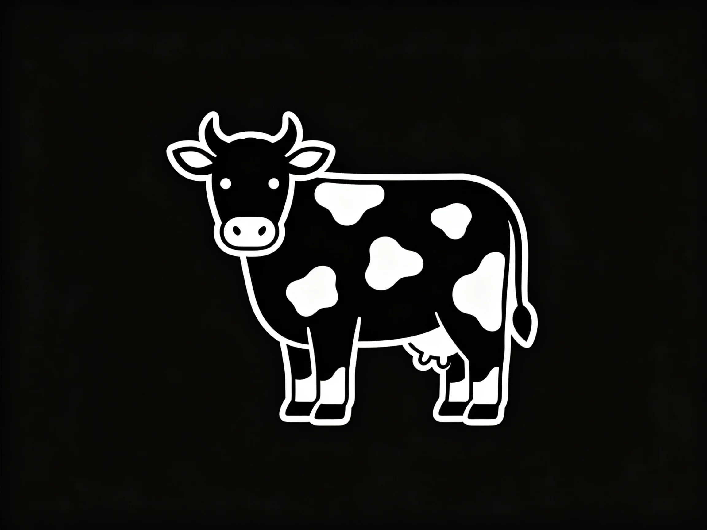 A stylized black and white spotted cow graphic on a solid black background