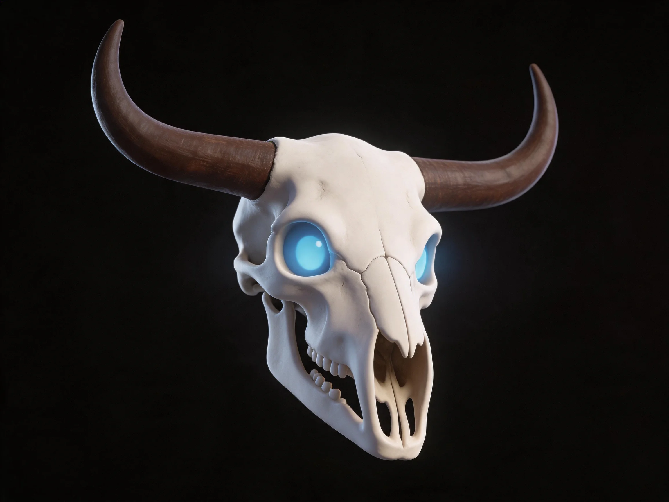 A stylized bull skull adorned with large brown curved horns and glowing blue eye sockets