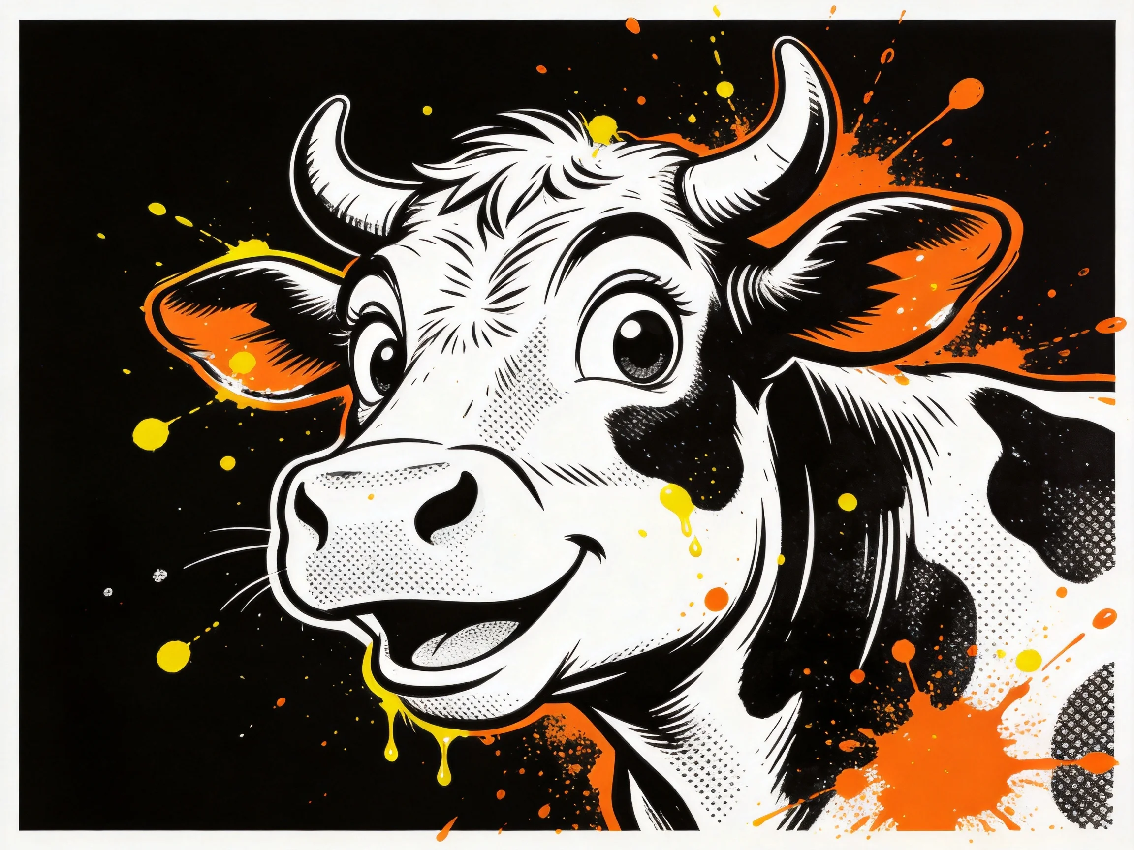 A stylized cow illustration with black, orange, and yellow paint splatters