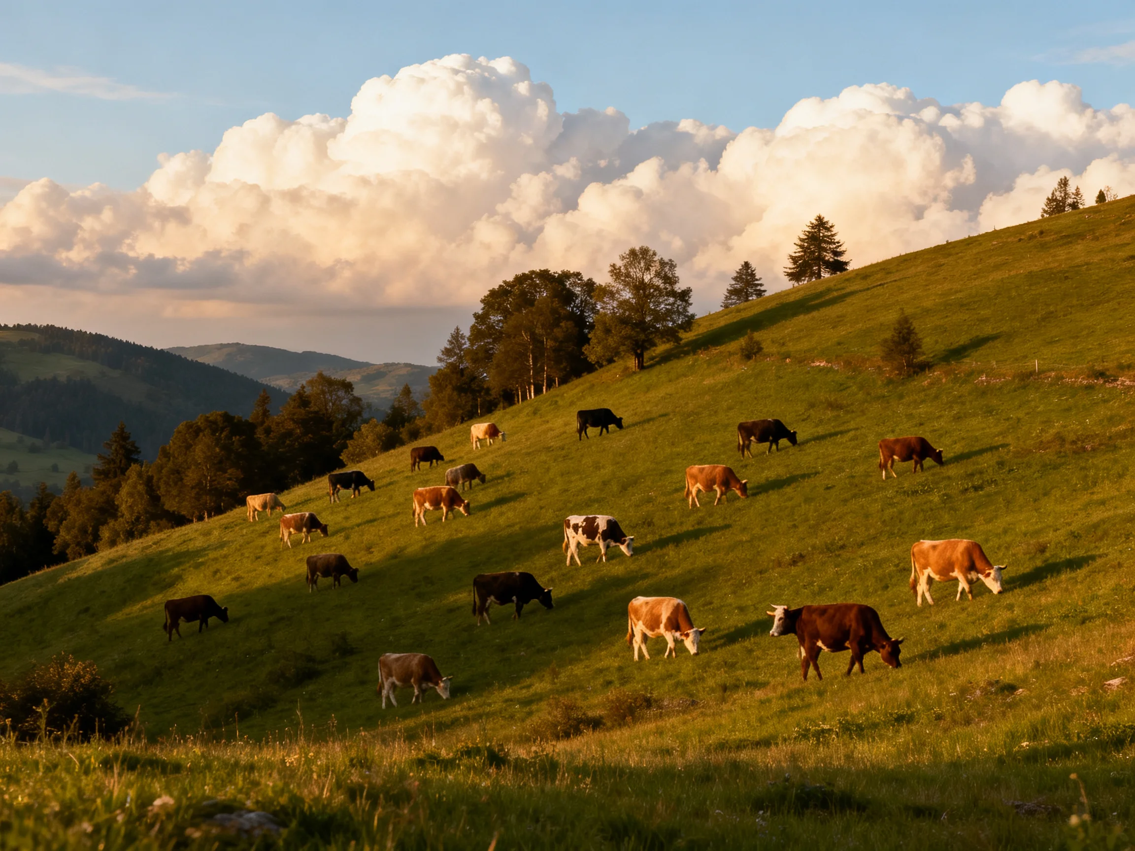 A sunlit green hillside with diverse cows grazing beneath billowing clouds