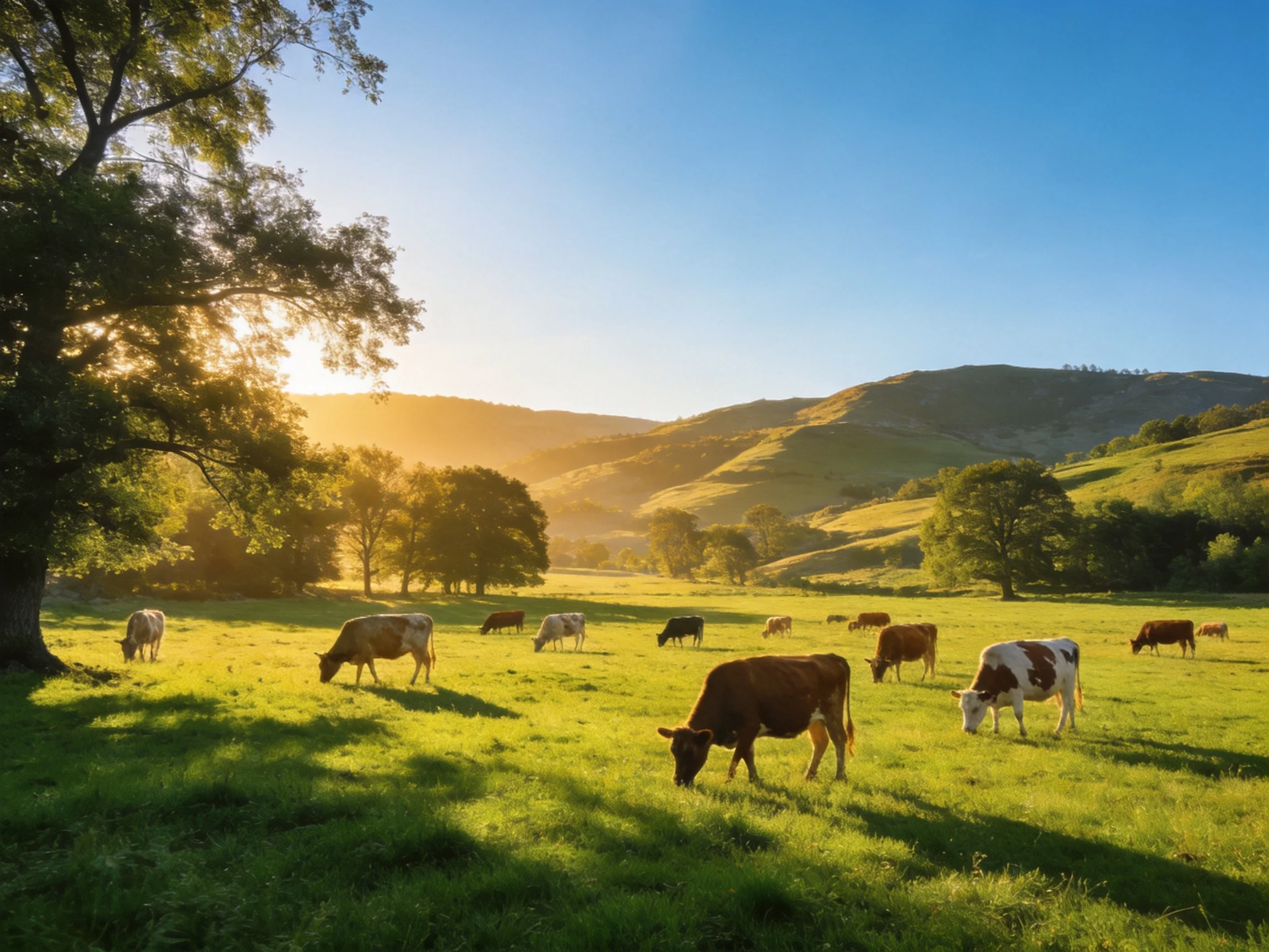 A sunlit meadow with colorful cattle near rolling hills.