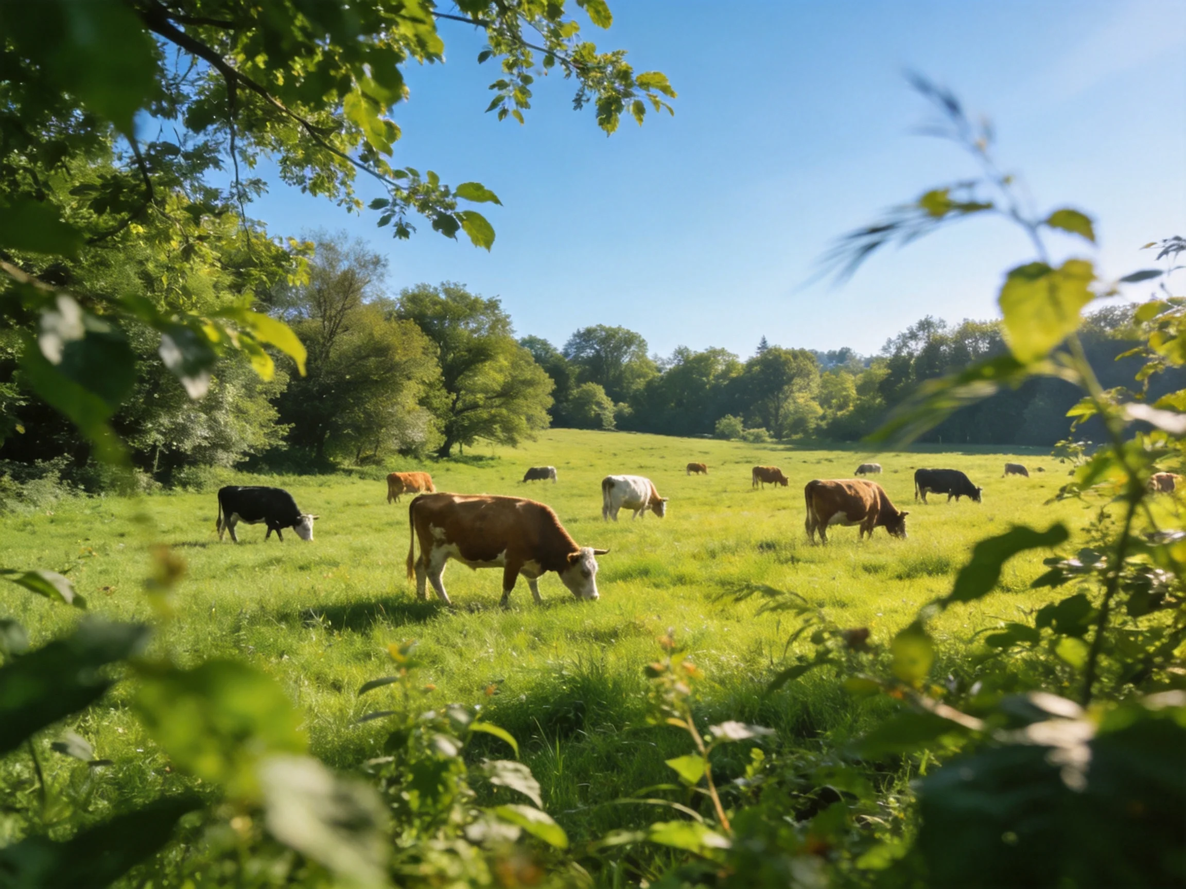 A sunlit meadow with diverse cows grazing amid leafy trees