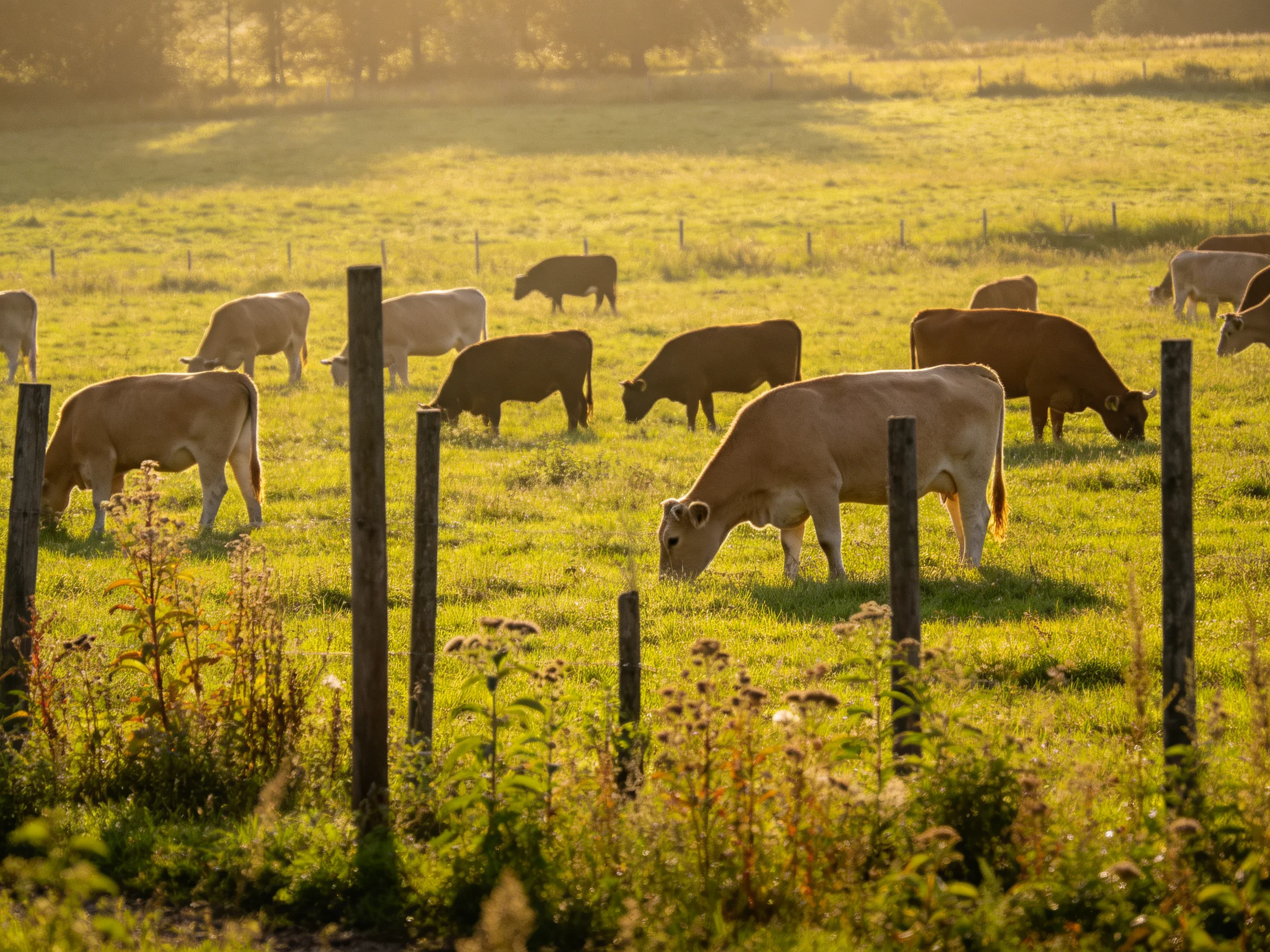 A sunlit pasture with diverse colored cattle grazing
