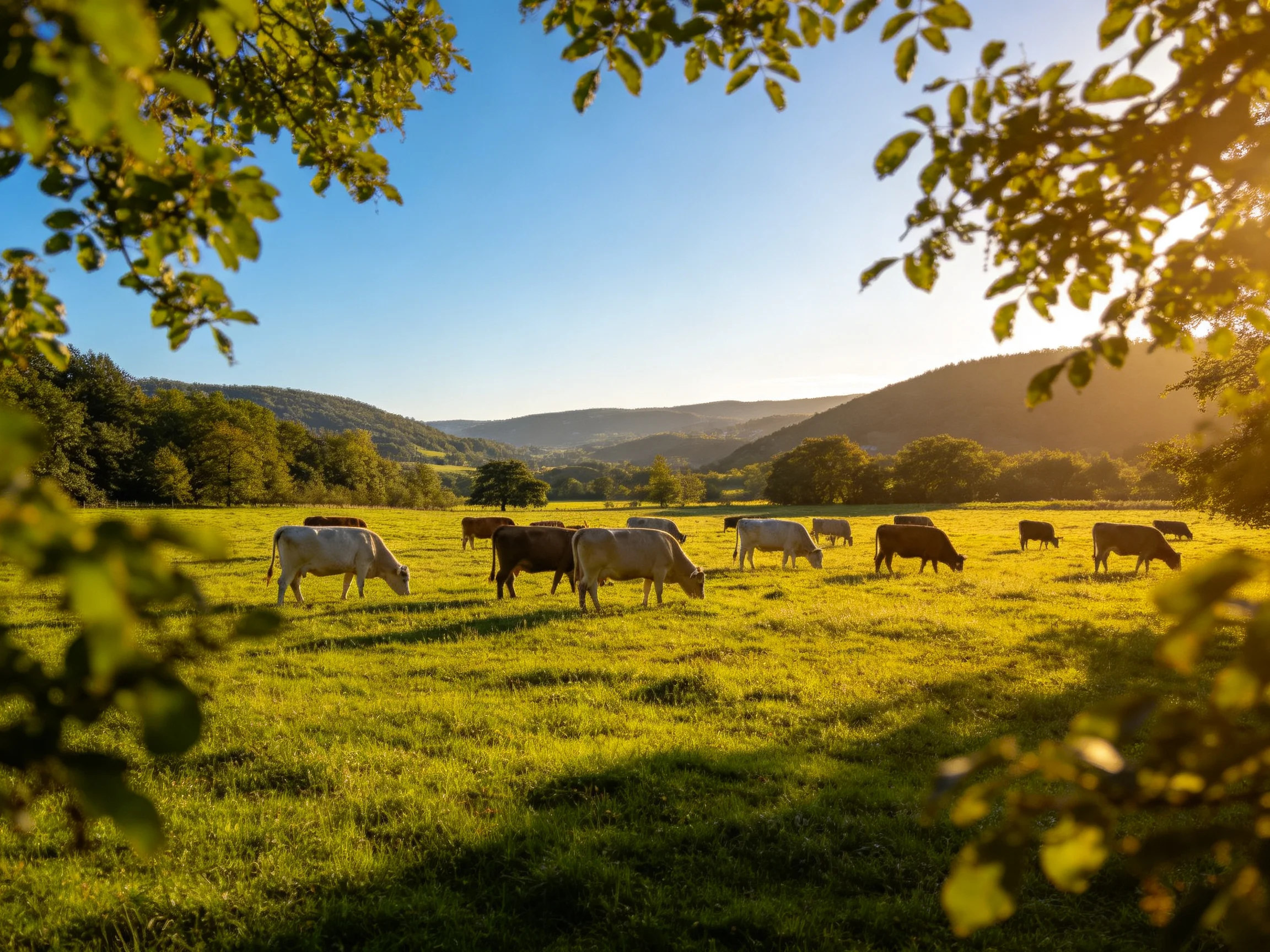 A sunlit pasture with grazing cattle and rolling green hills