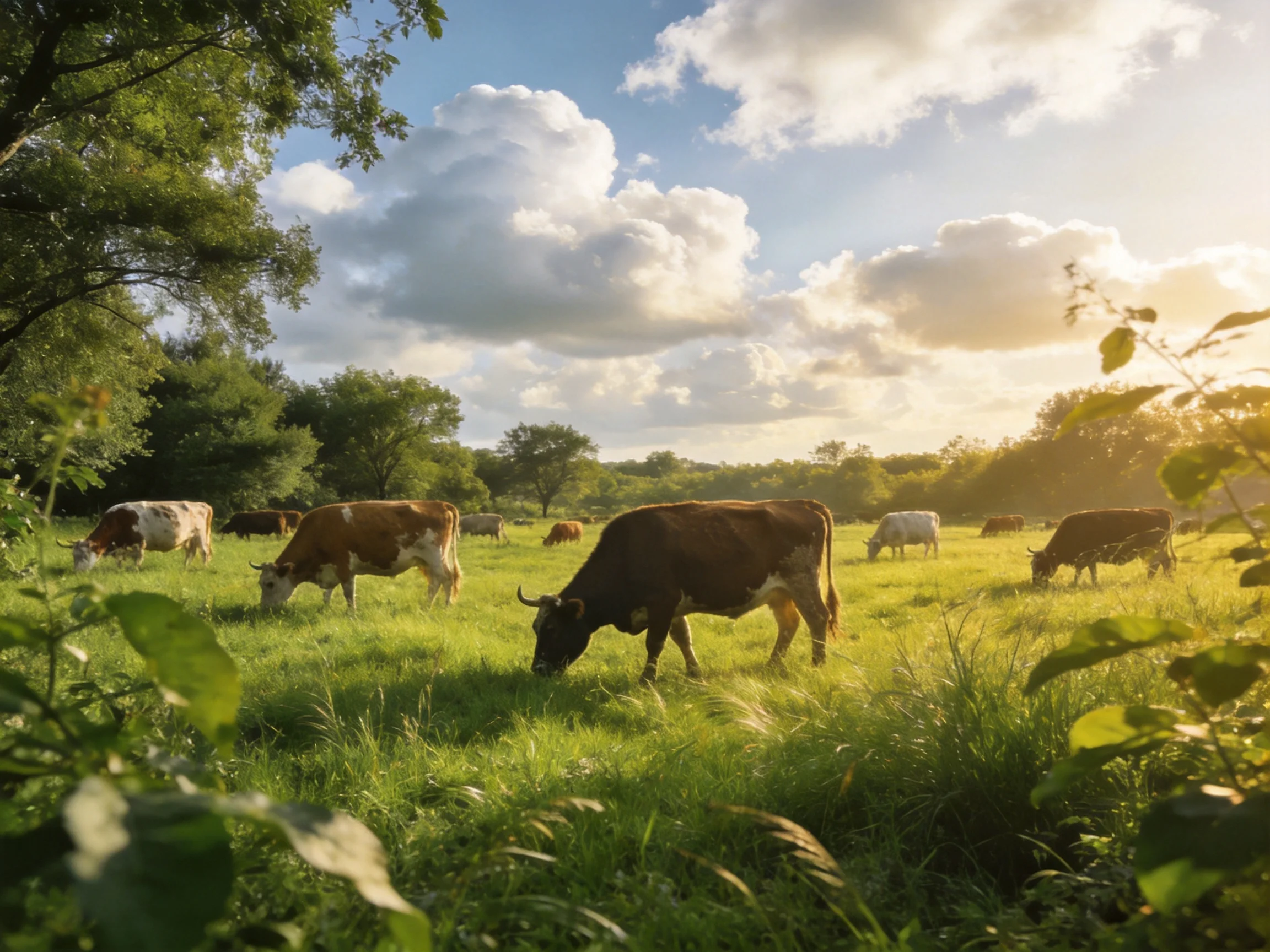 A sunlit pasture with multicolored cattle grazing in lush green fields