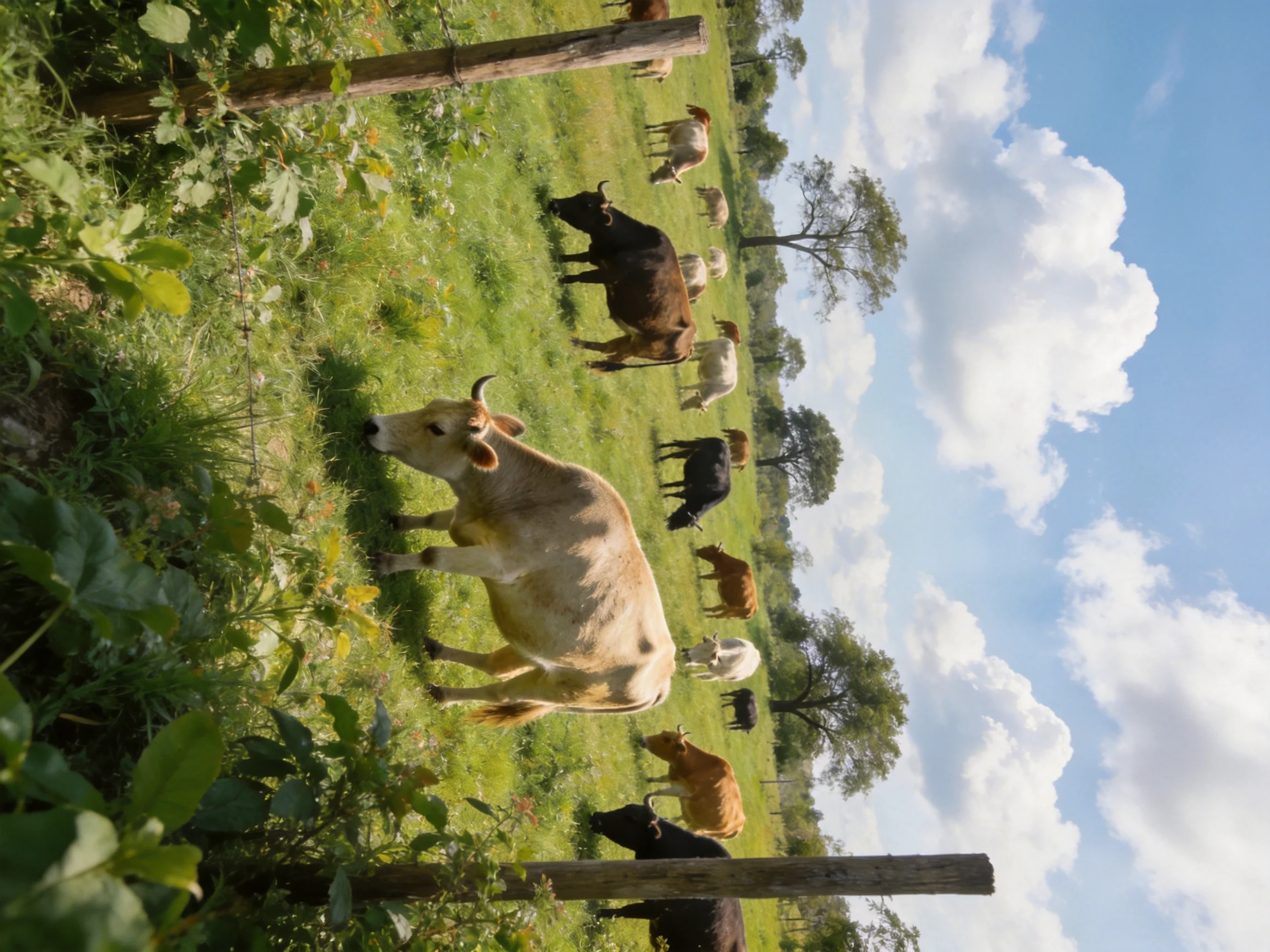 A sunlit pasture with various colored cows and green grass