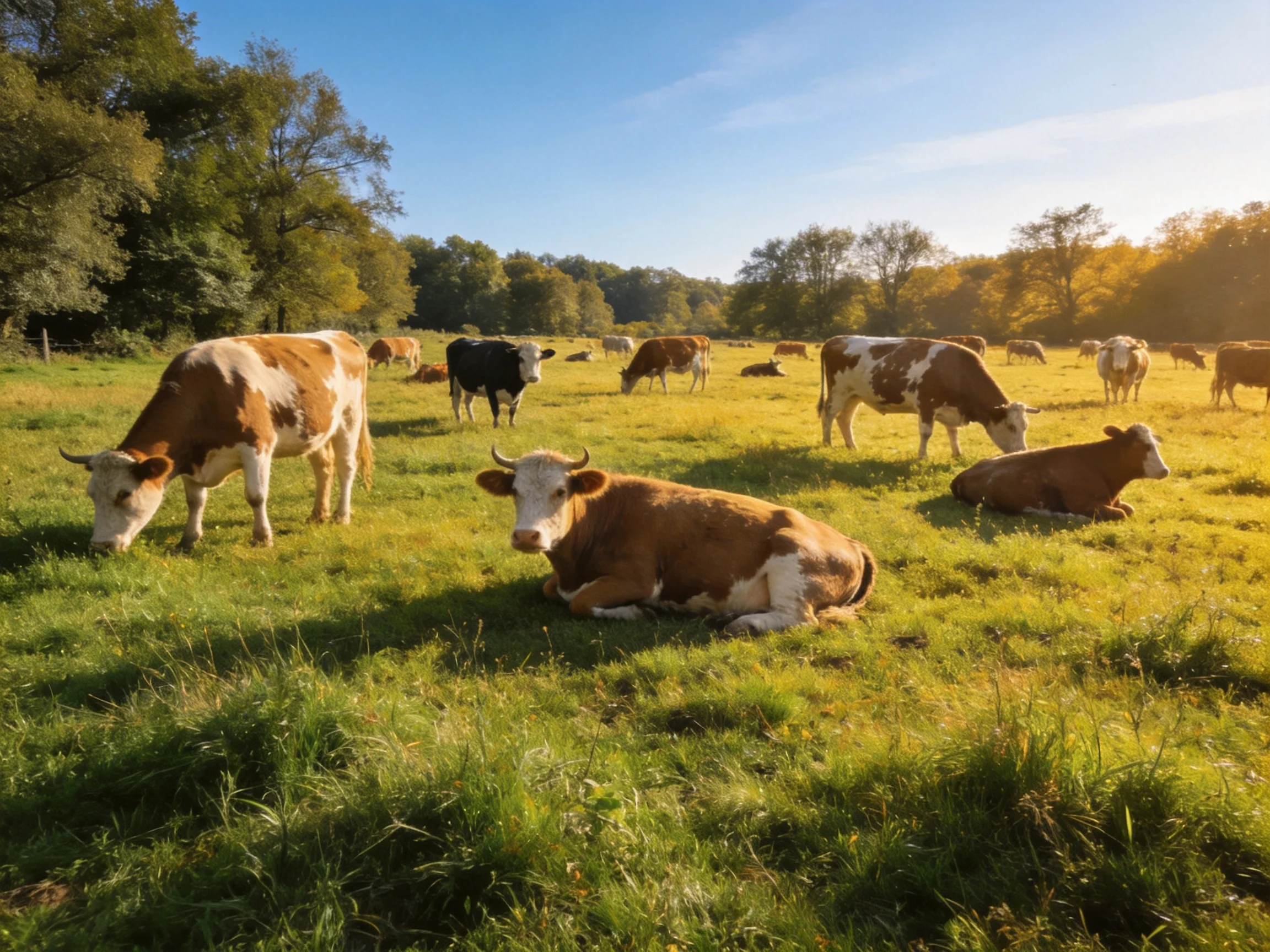 A sunny pasture with brown, white, and black cows grazing and resting