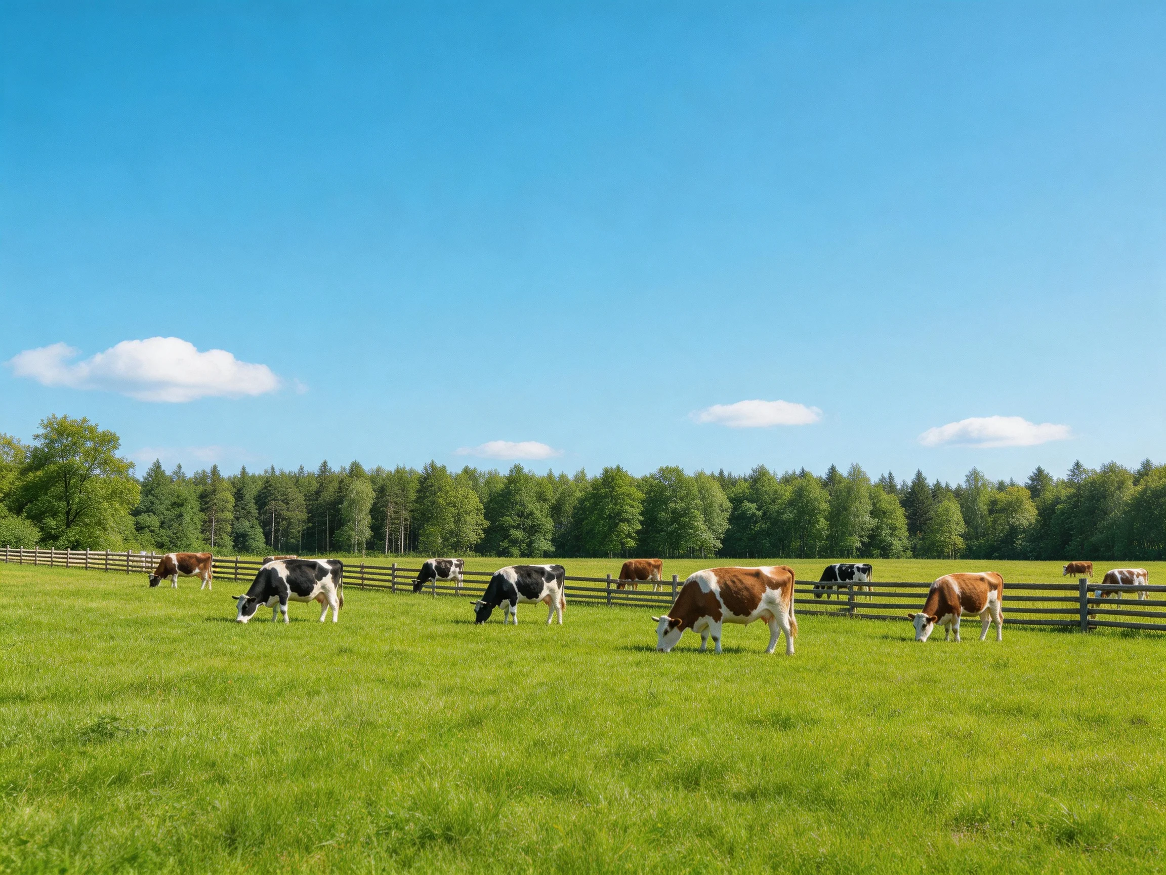 A sunny pasture with cows grazing near a wooden fence