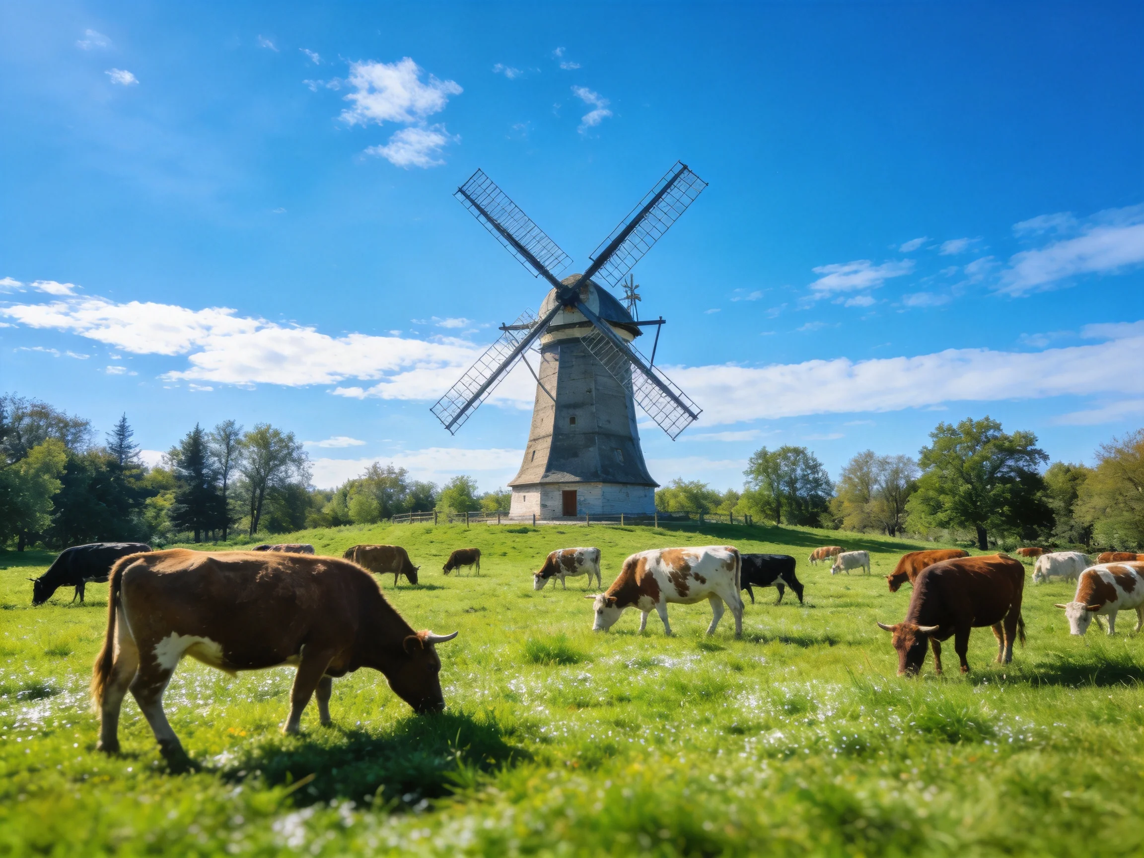 A tall stone windmill overlooks a green pasture with grazing cattle