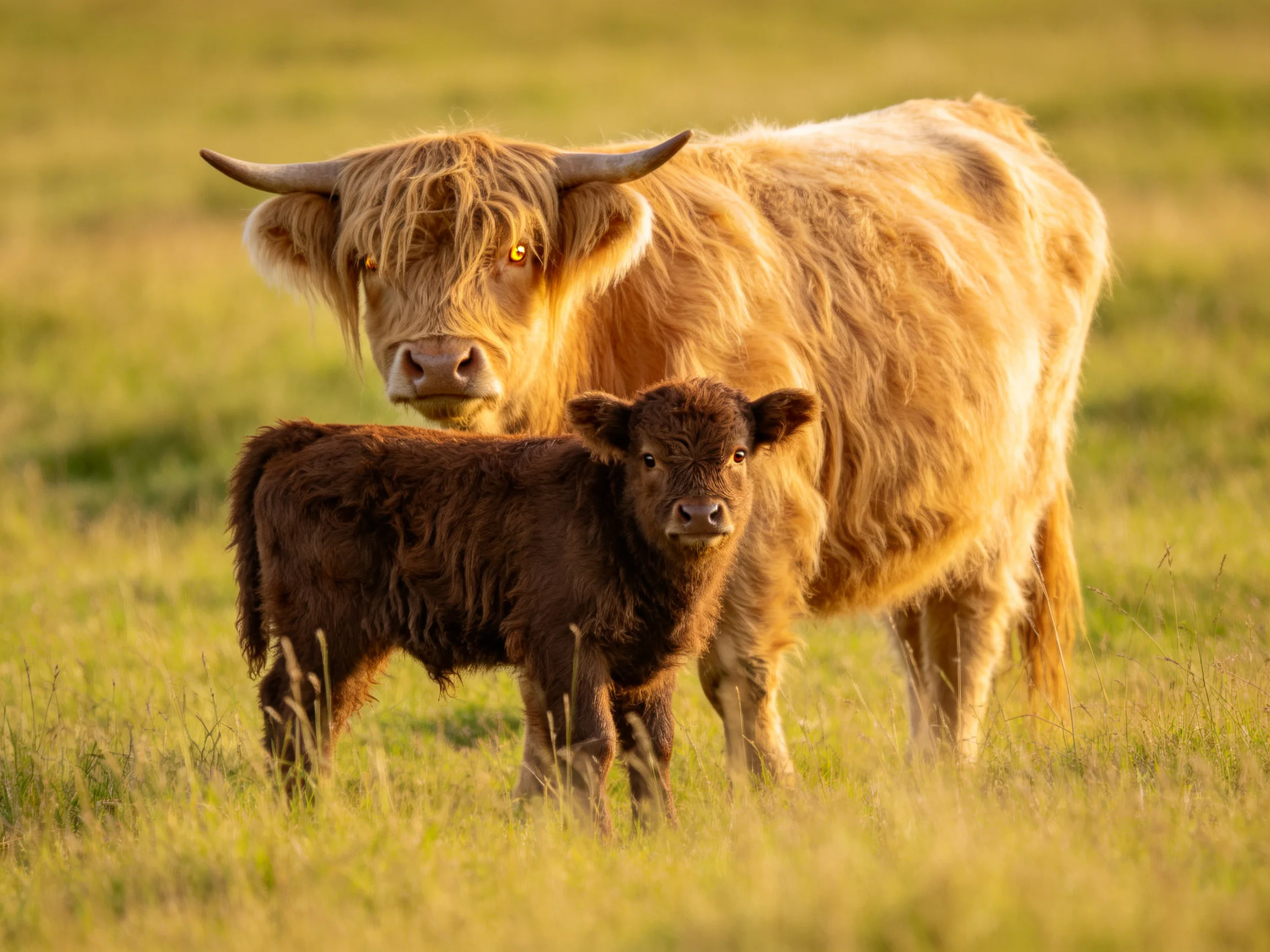 A tan Highland cow and brown calf in a sunlit meadow