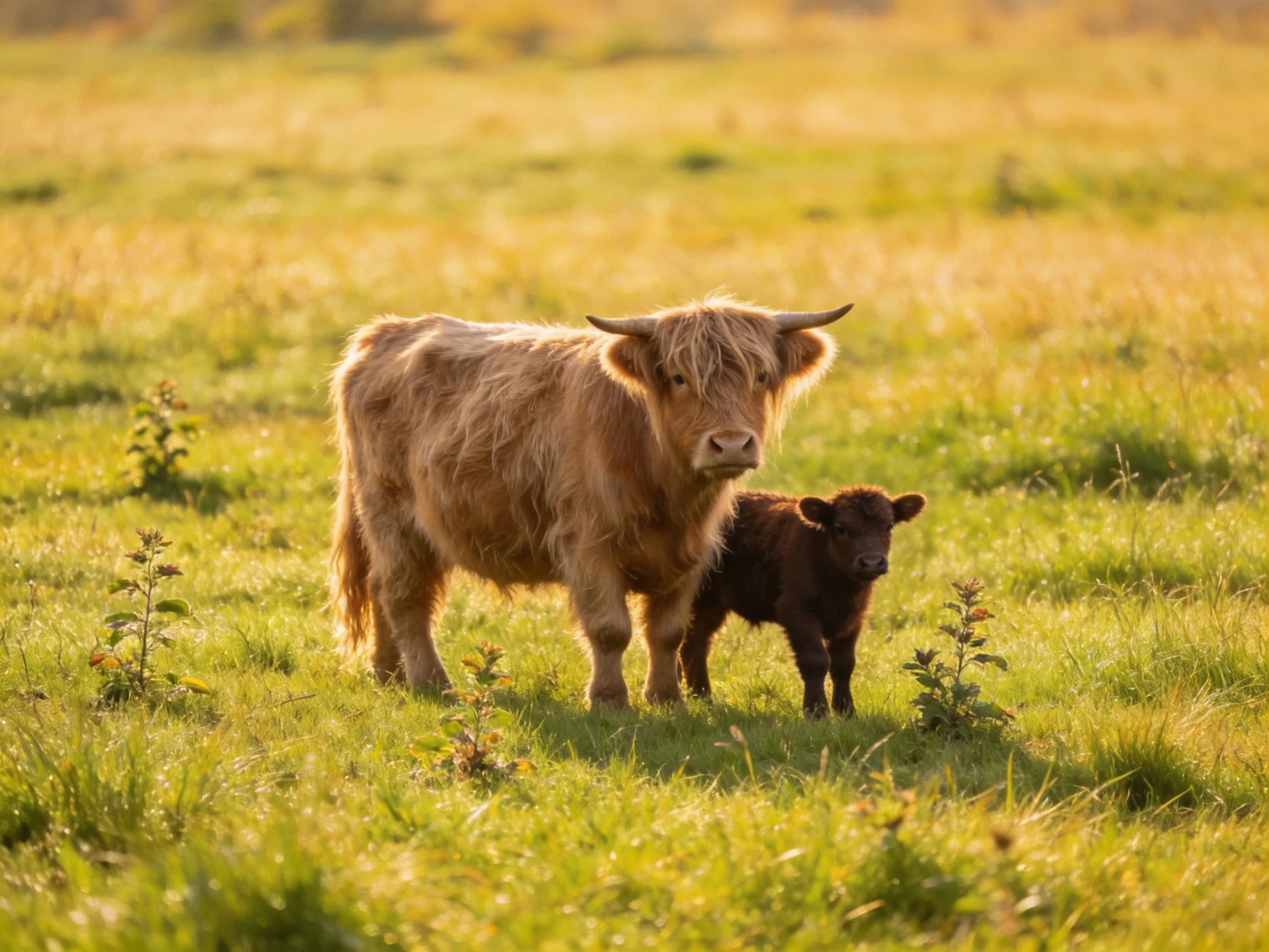 A tan Highland cow and dark brown calf graze in a sunlit green pasture