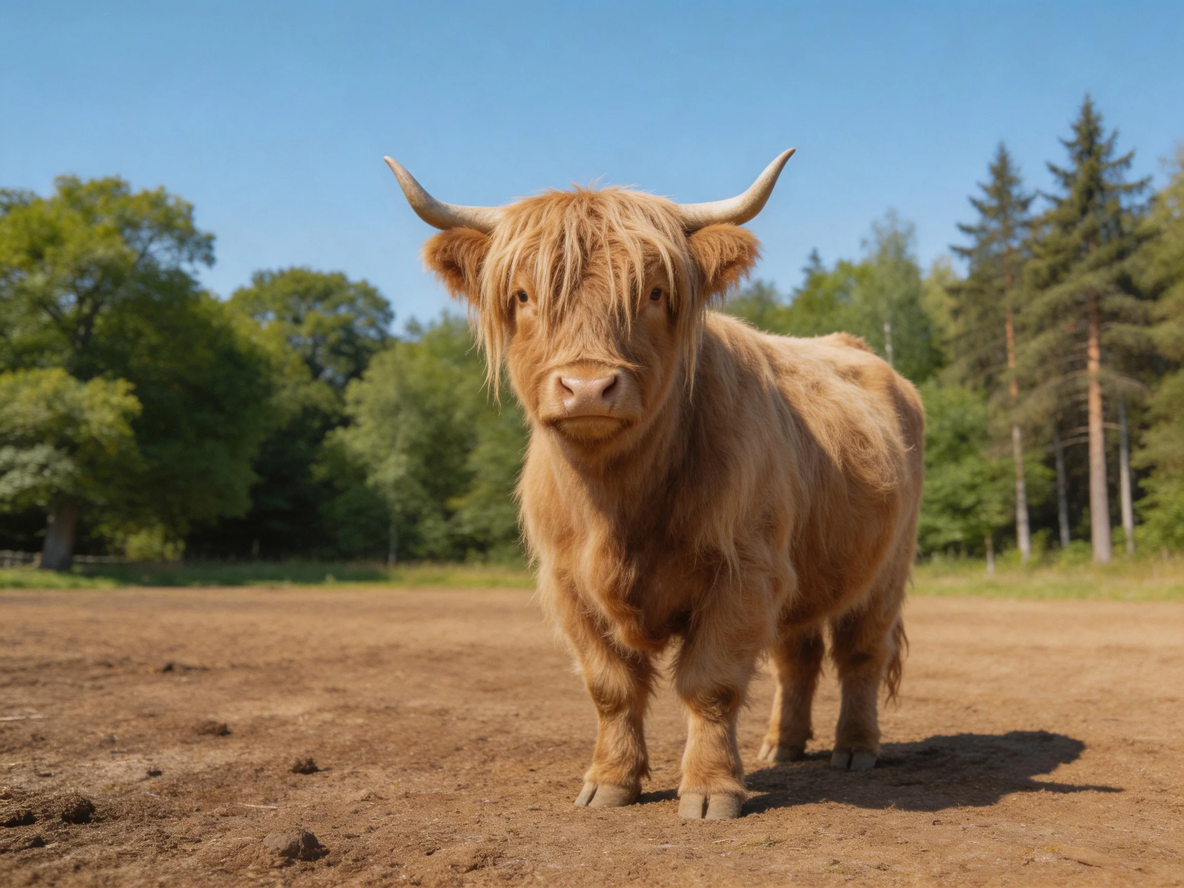 A tan Highland cow stands on a sunny dirt field near trees