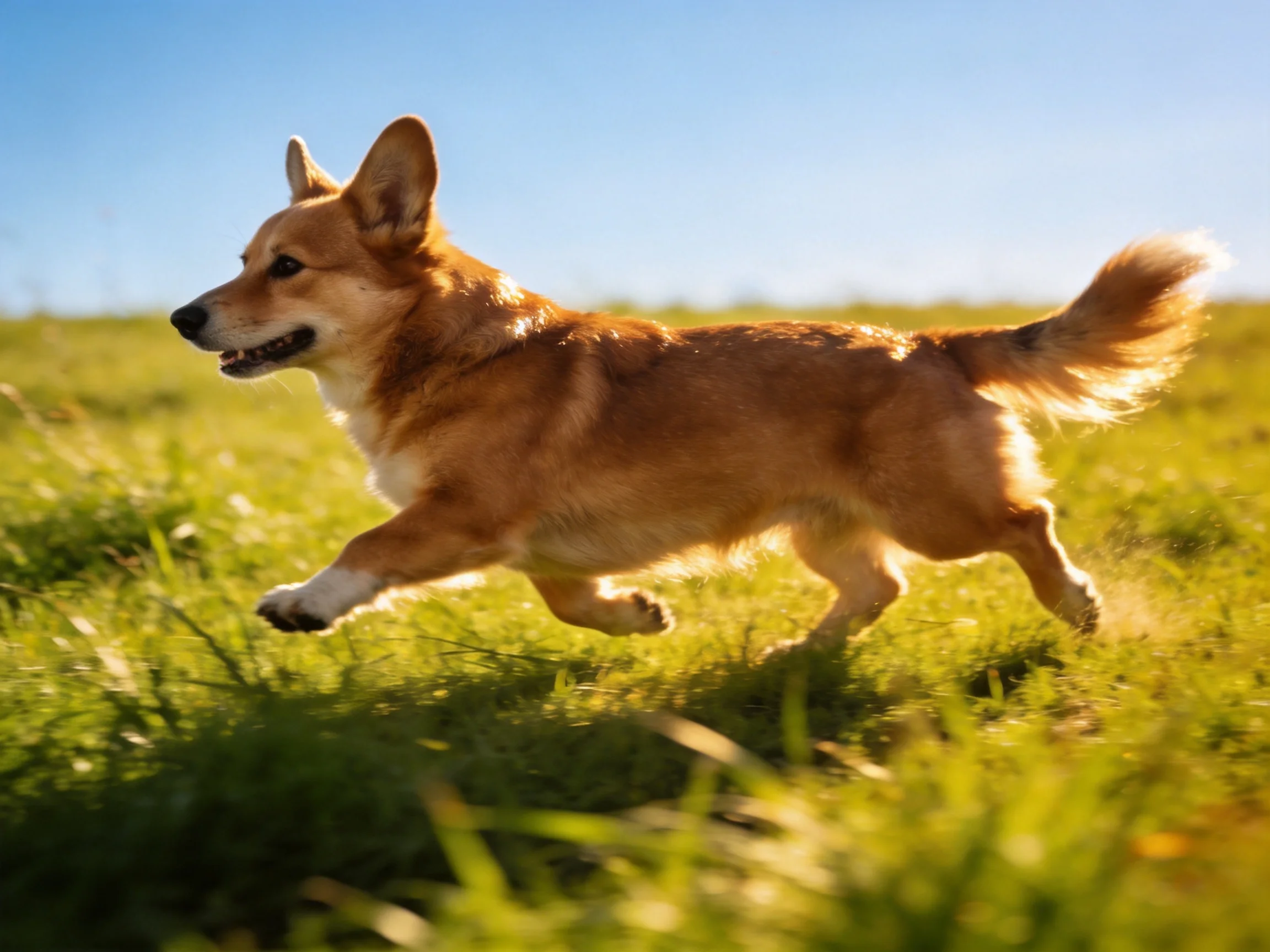 A tan Pembroke Welsh Corgi runs energetically through a sunlit grassy field