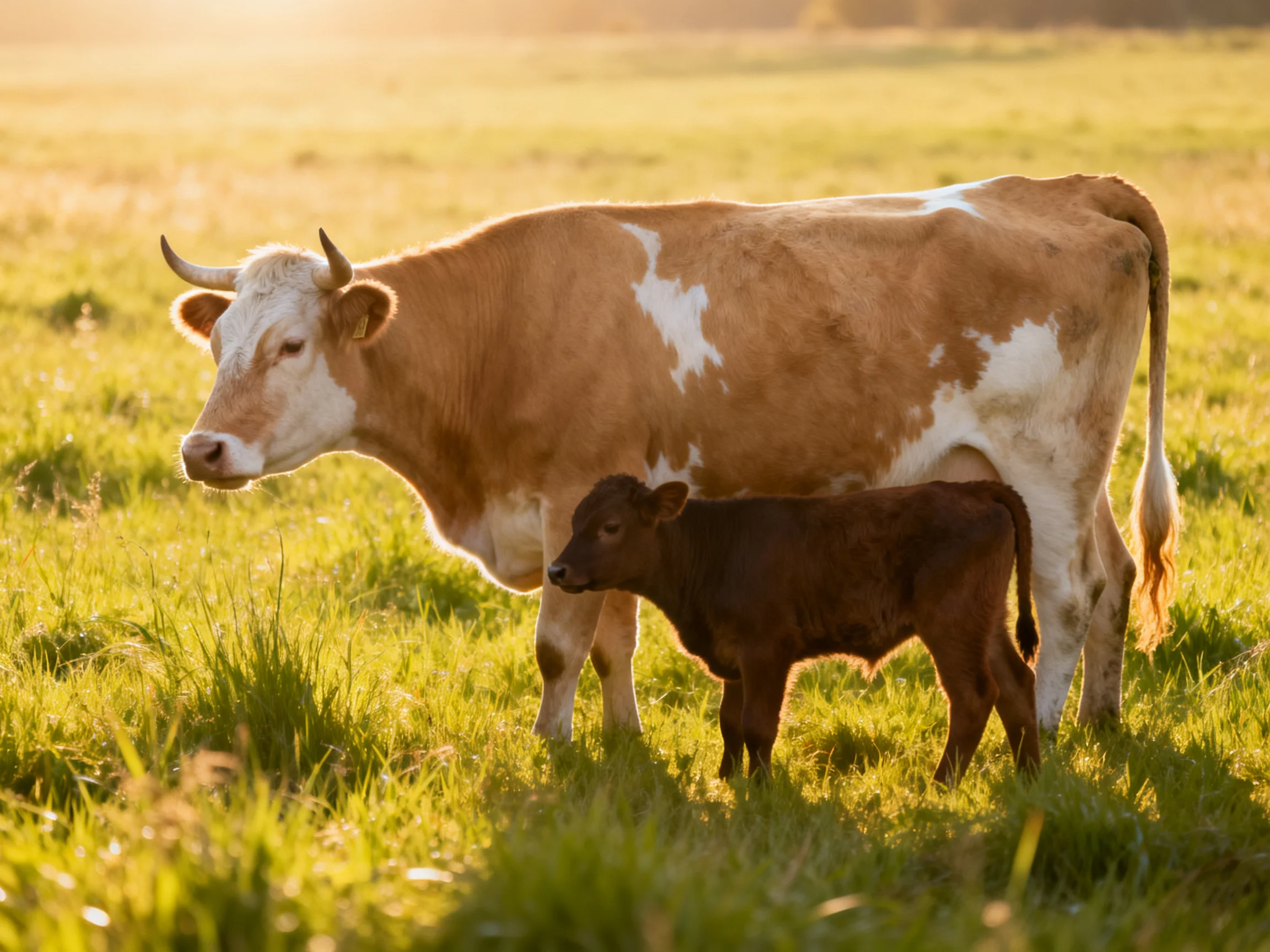 A tan and white cow stands beside a dark brown calf in a sunlit meadow