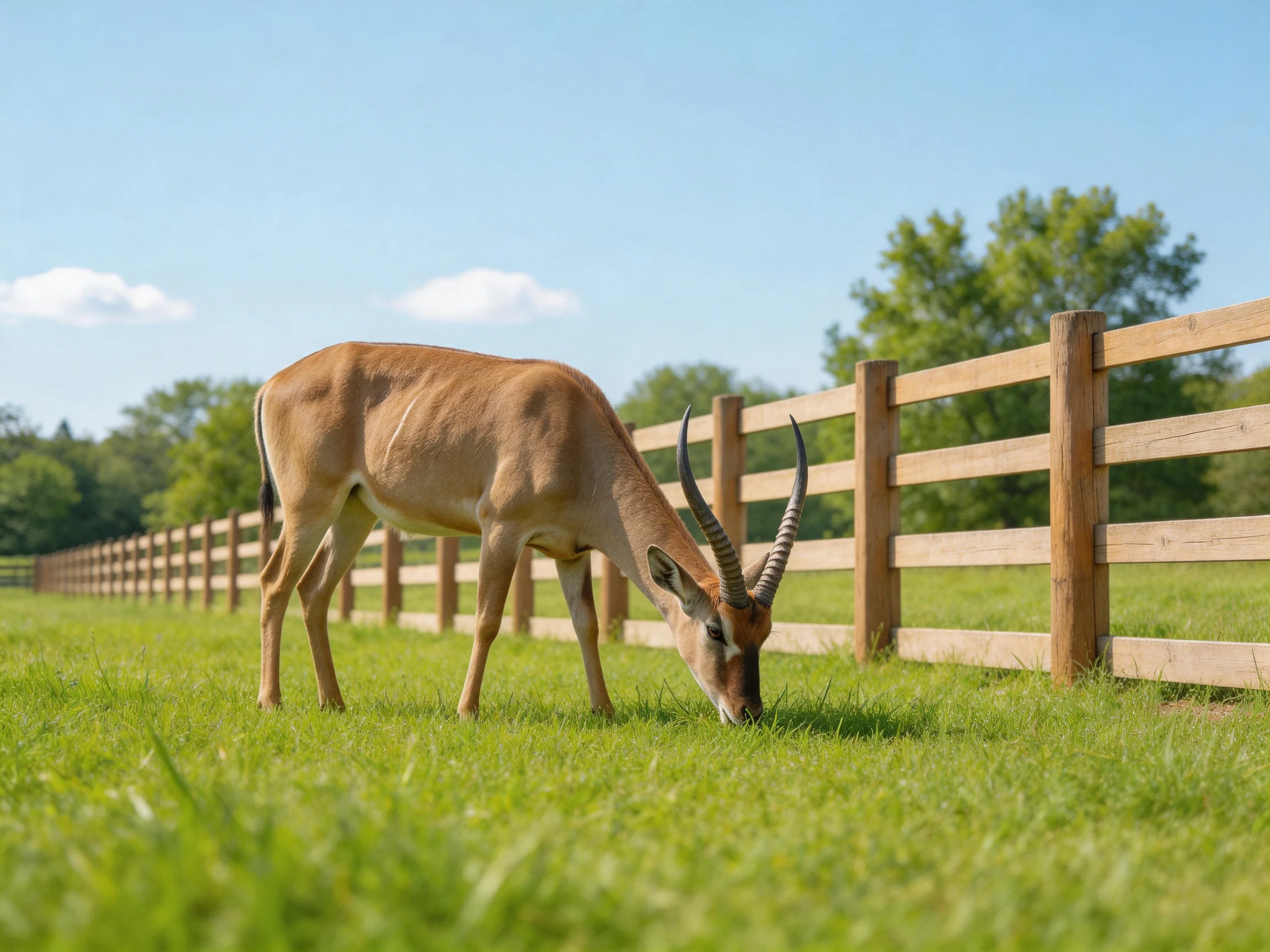 A tan antelope grazes beside a long wooden fence on lush green grass