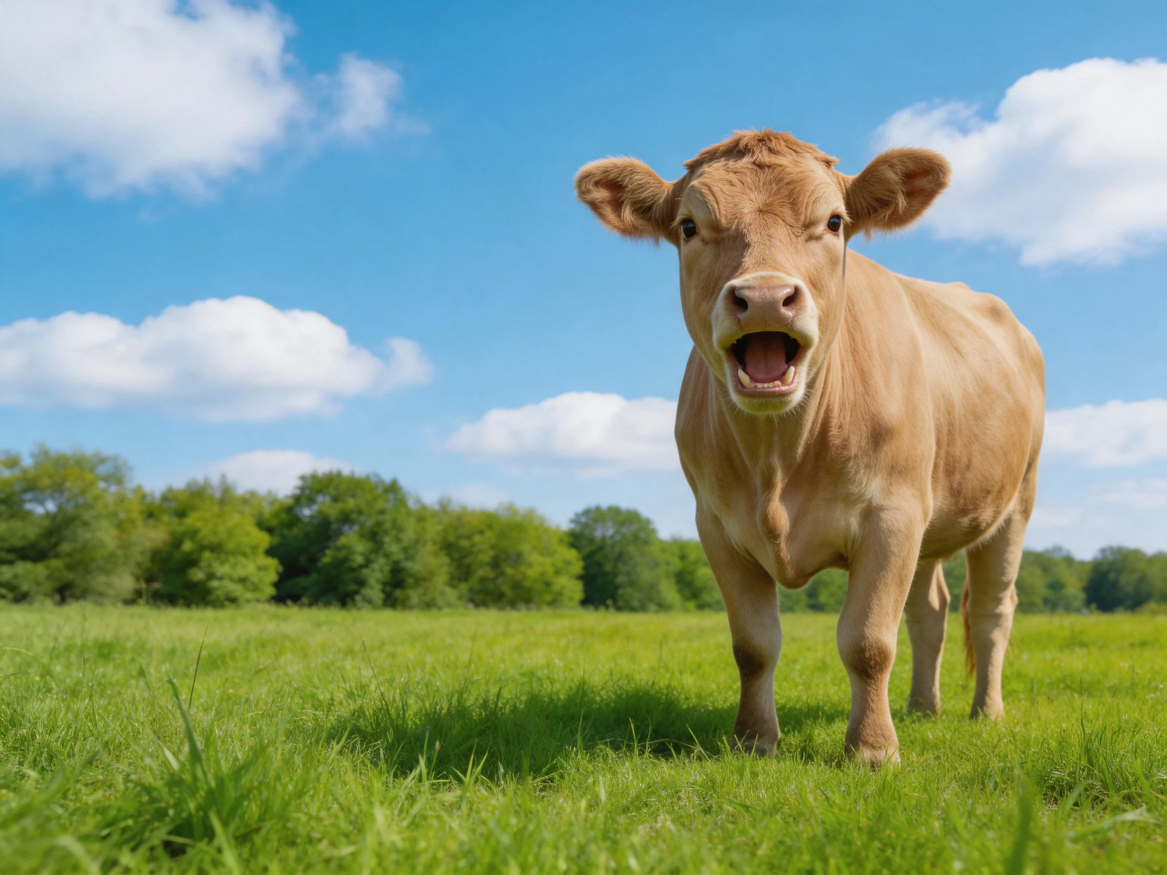 A tan calf stands in a lush green meadow beneath bright blue skies
