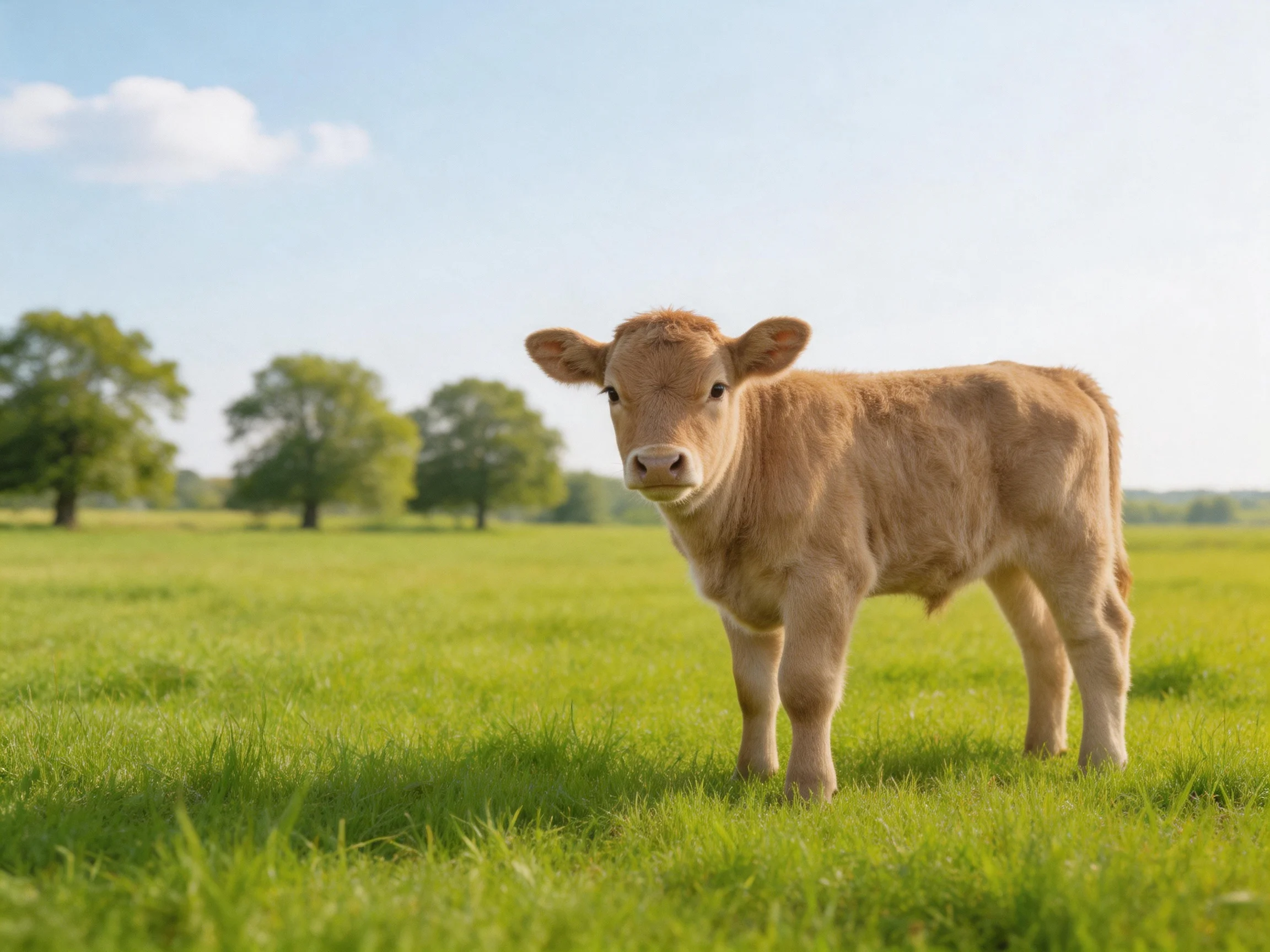 A tan calf stands in a sunlit green pasture with distant trees