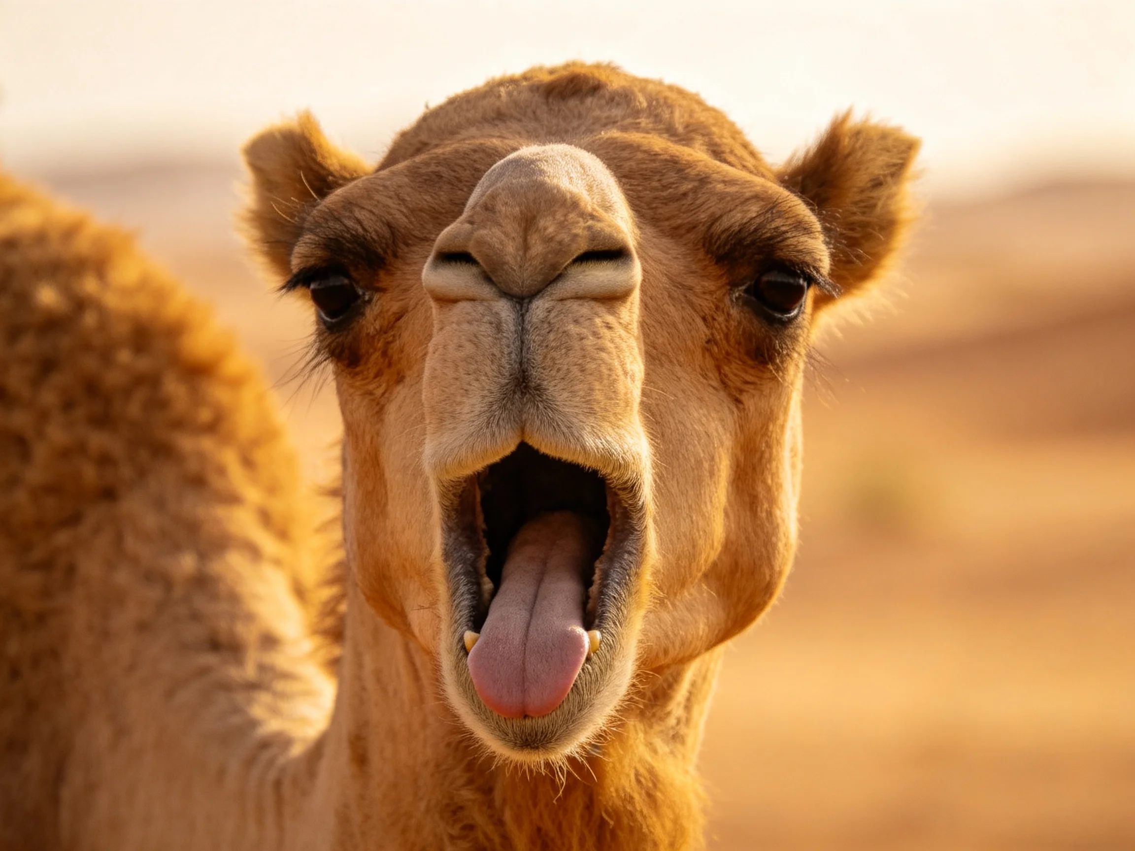 A tan camel yawns widely in a golden desert environment