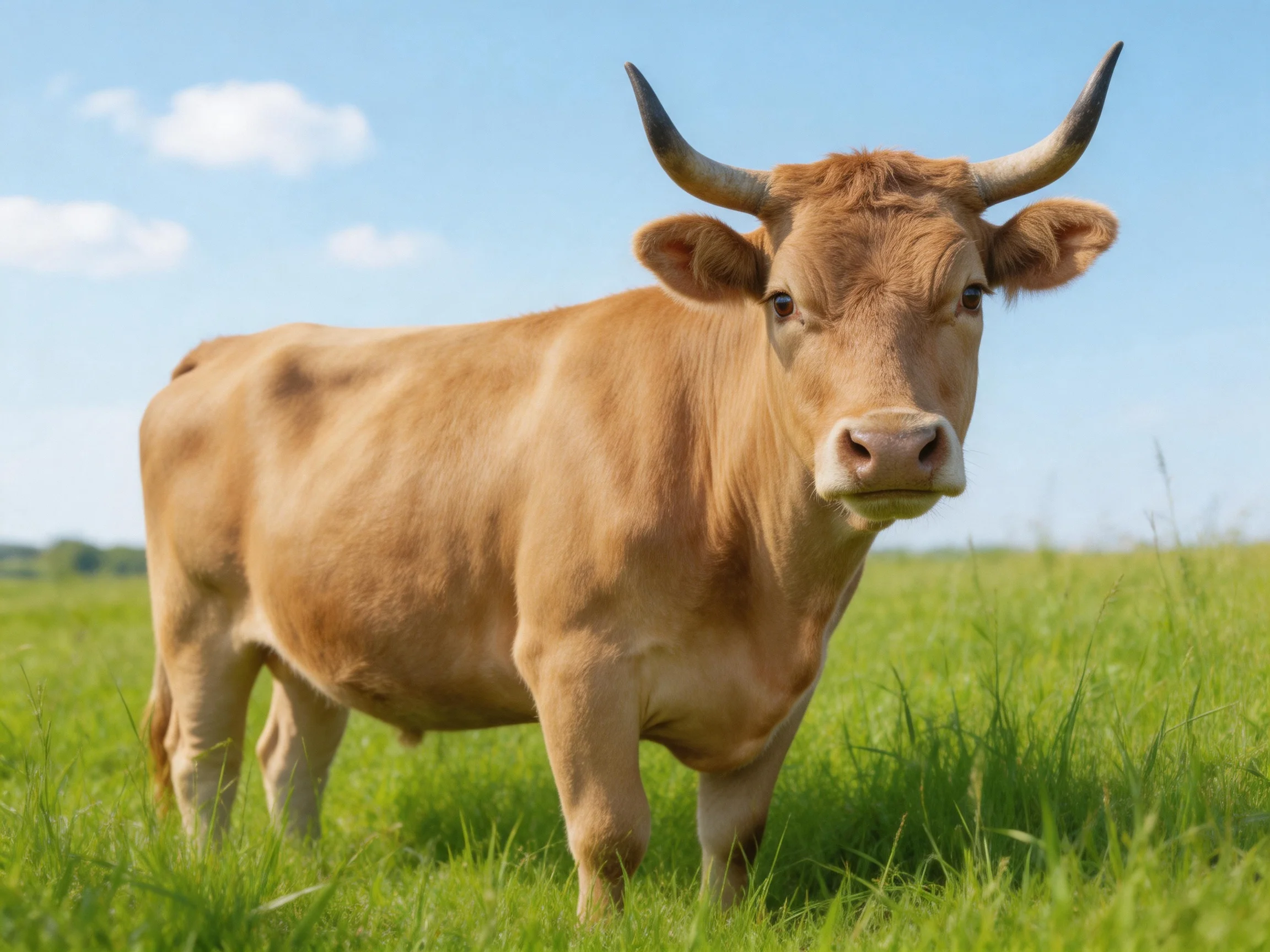 A tan-coated horned cow in a lush green pasture under clear blue sky