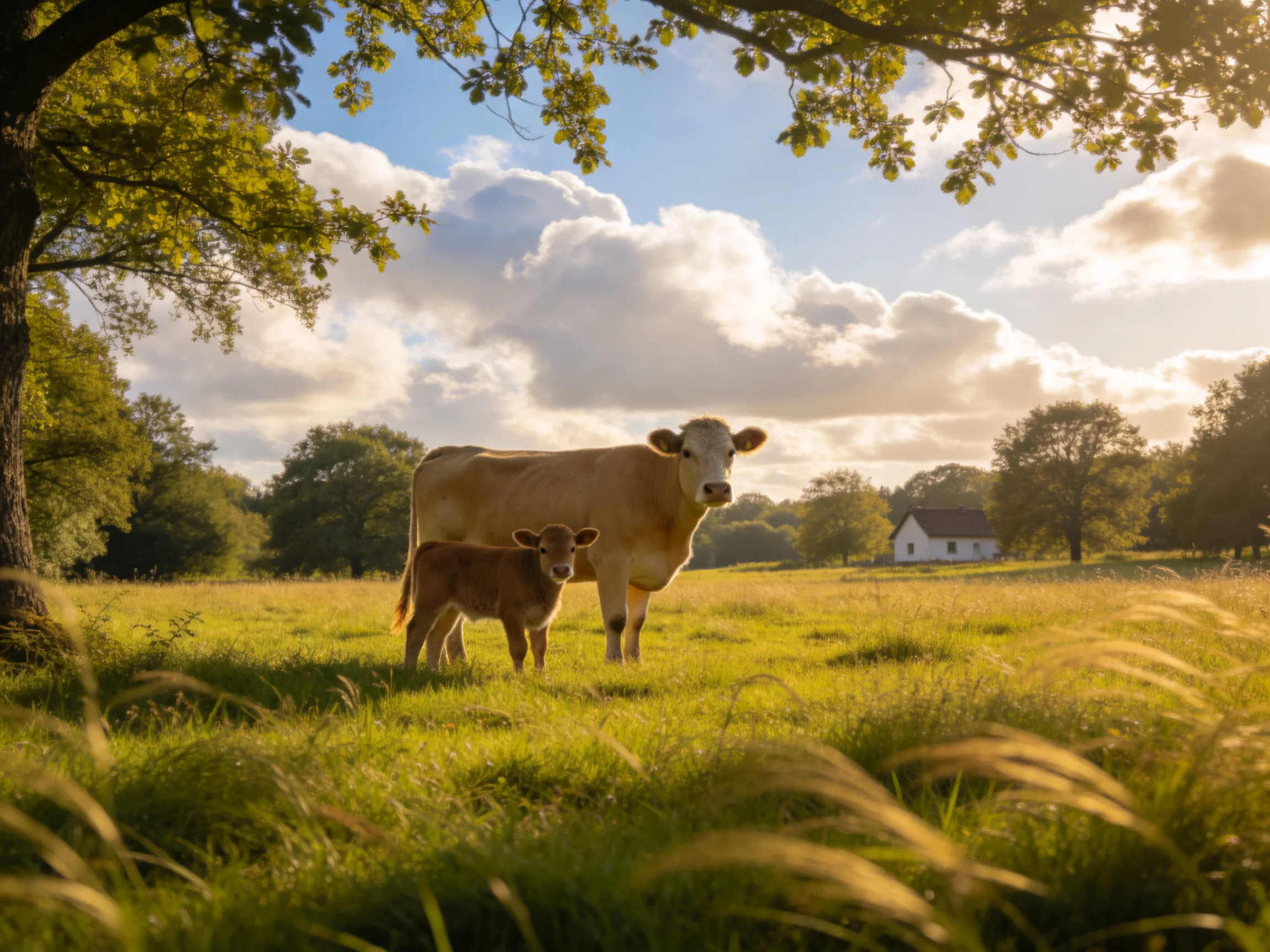 A tan cow and brown calf graze in a sunlit green pasture