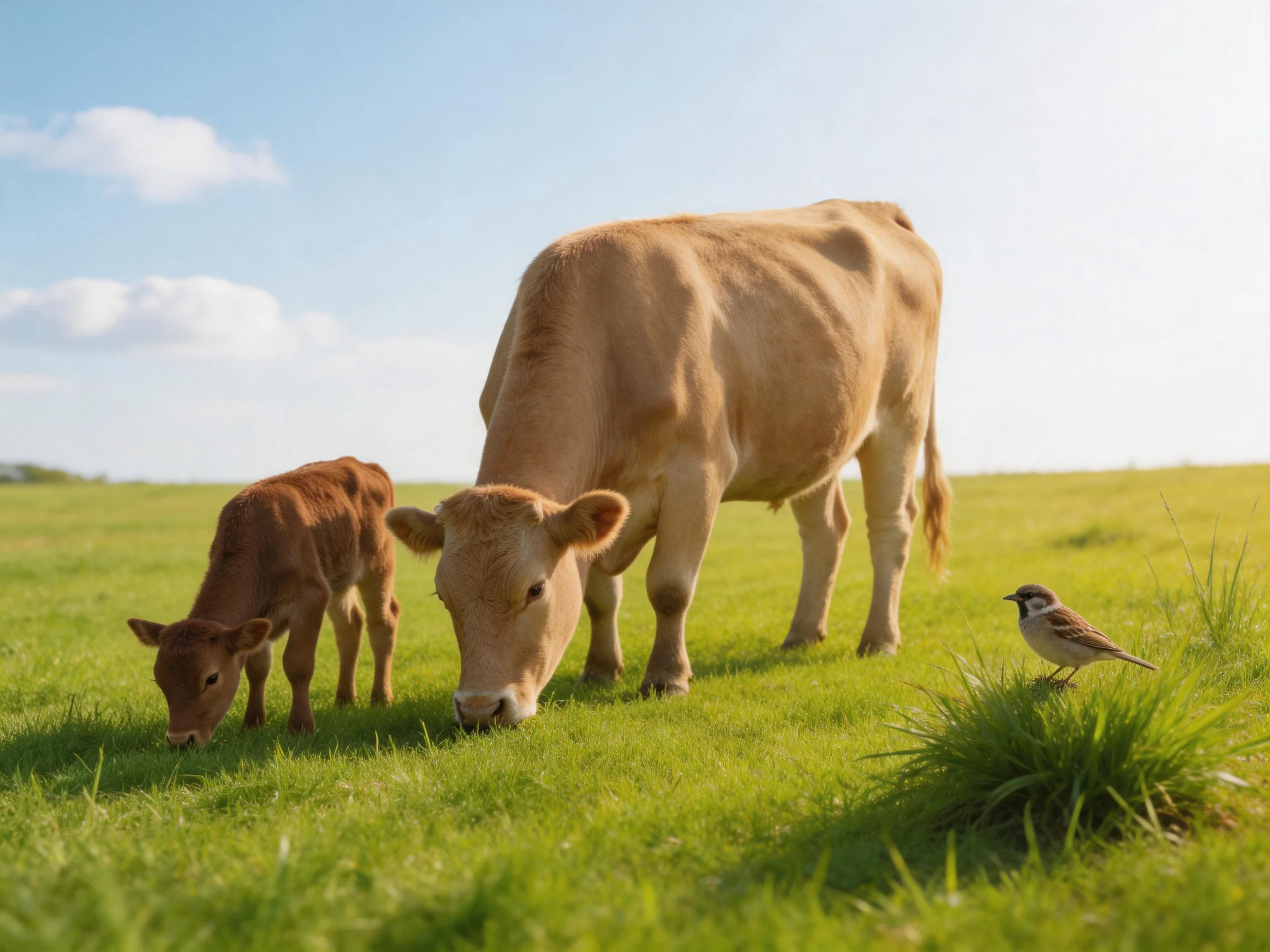 A tan cow and brown calf graze near a small bird on green grass