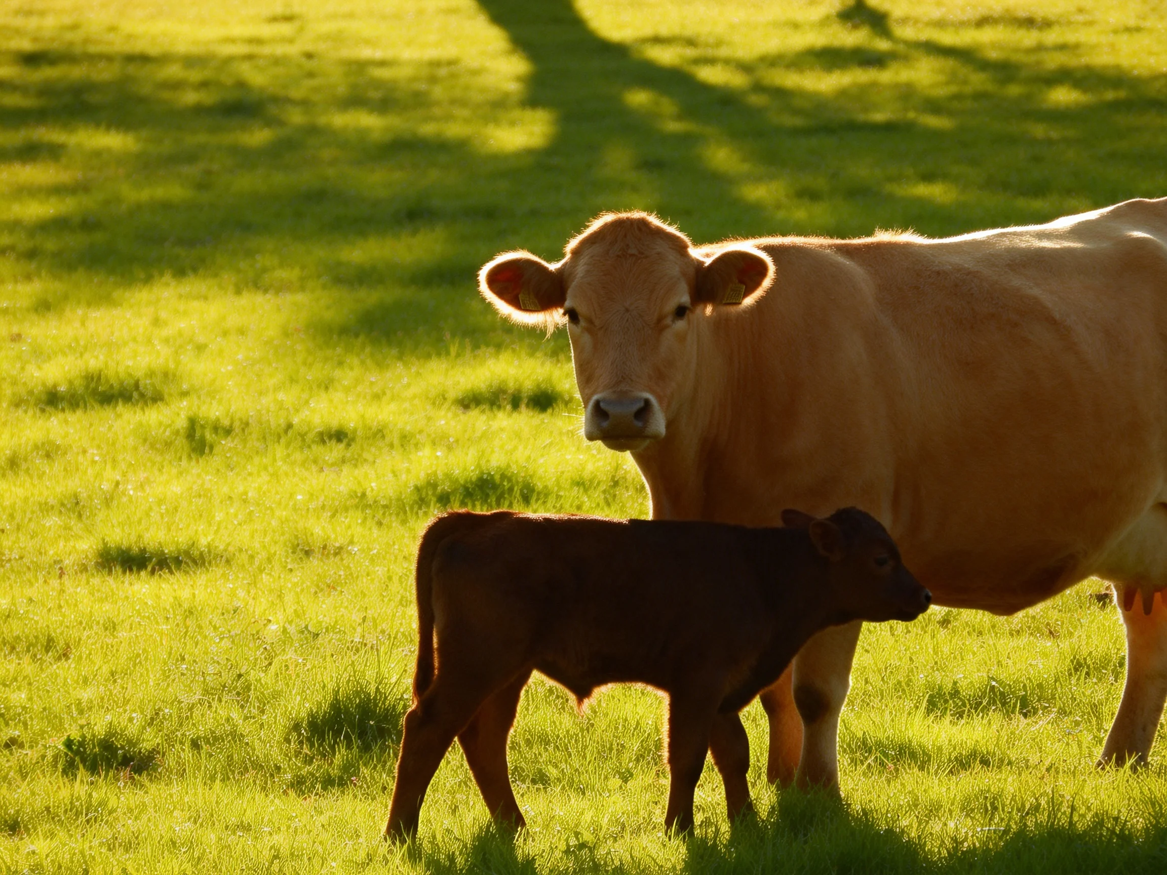 A tan cow and brown calf in a sunlit green pasture