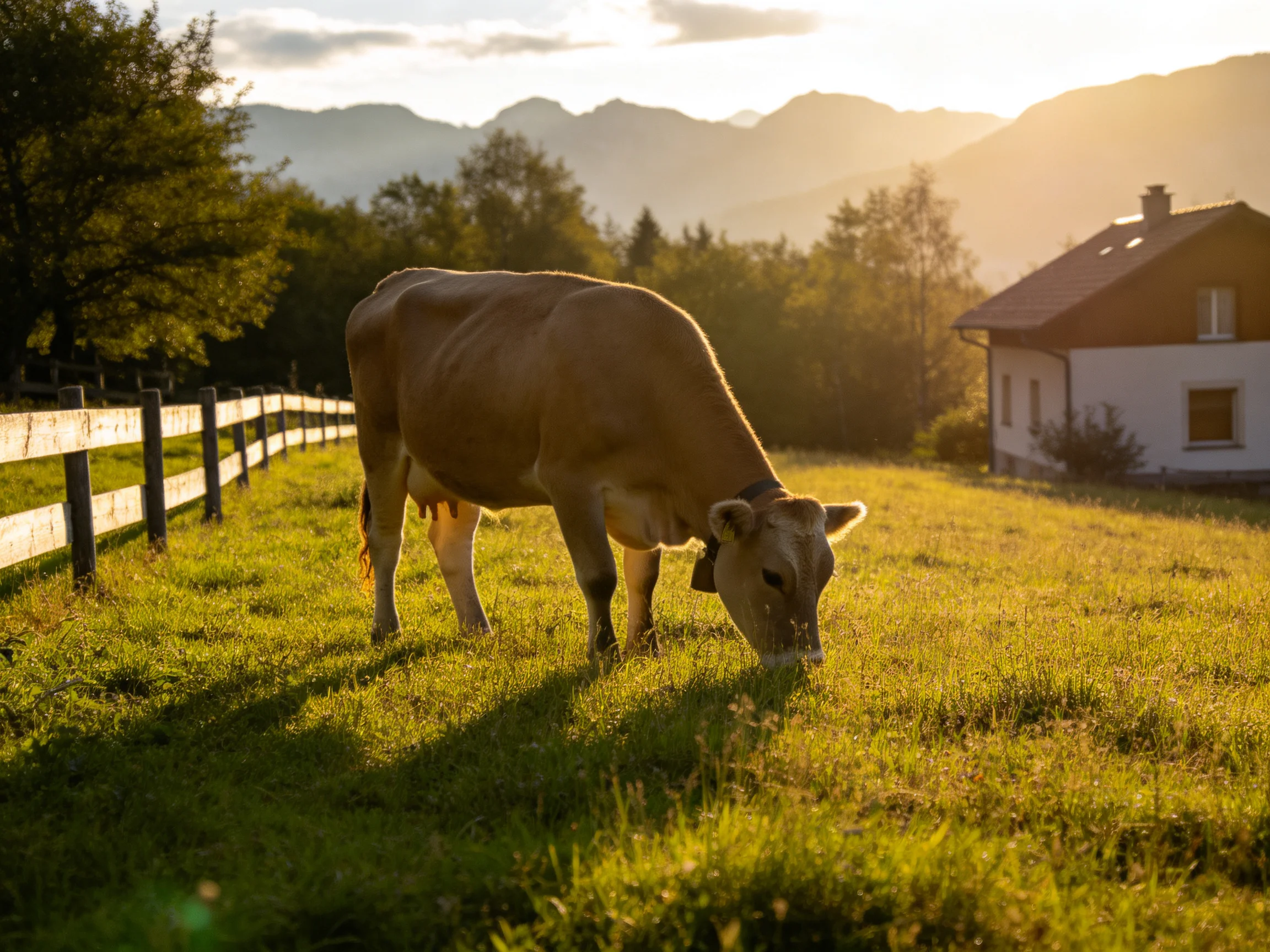 A tan cow grazes in a golden meadow near a white cottage