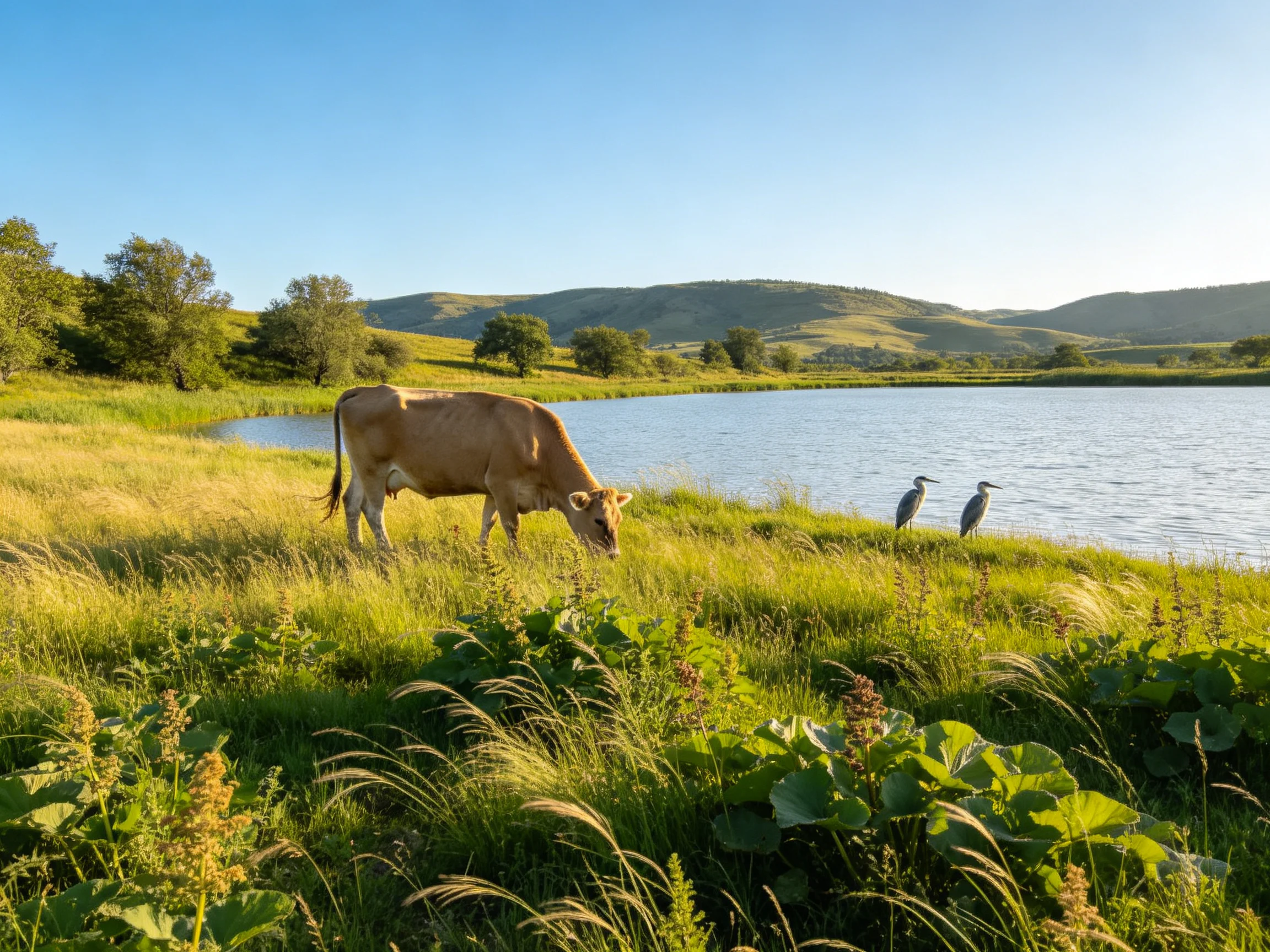 A tan cow grazes near a calm blue lake with two gray birds
