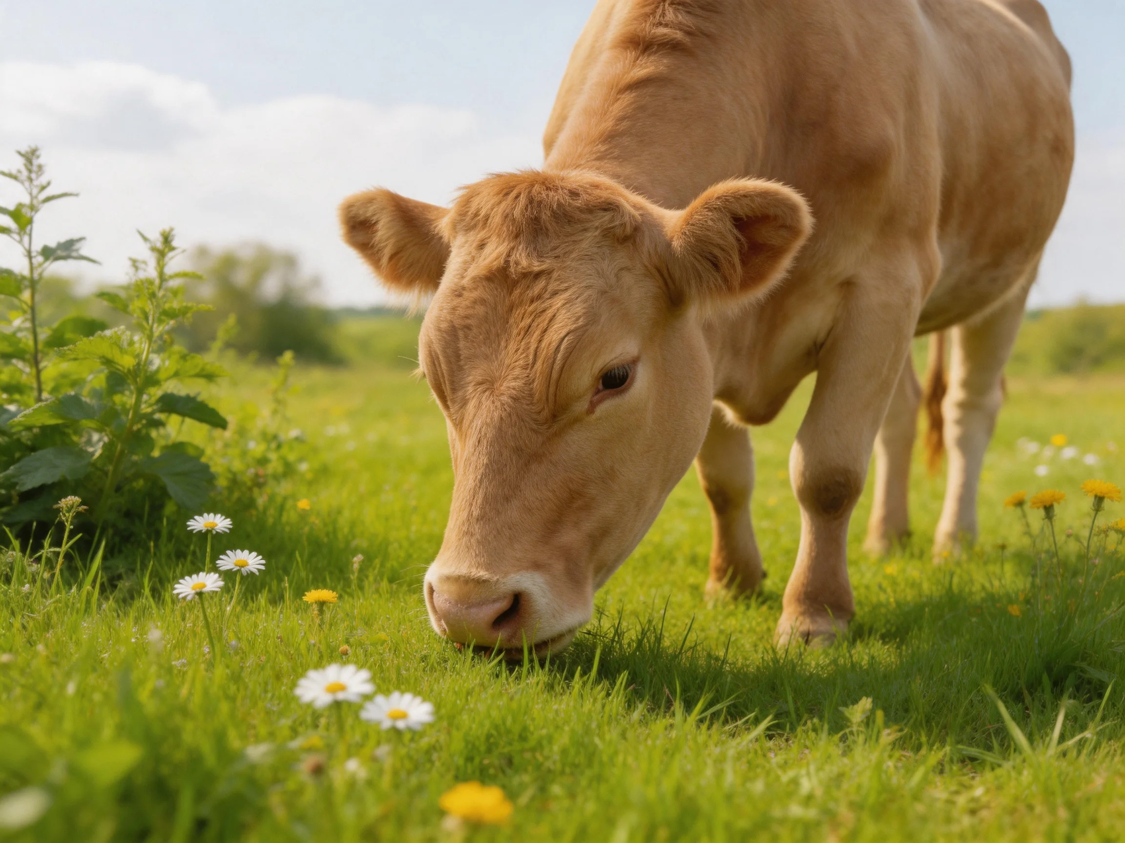 A tan cow grazing in a lush green meadow with wildflowers