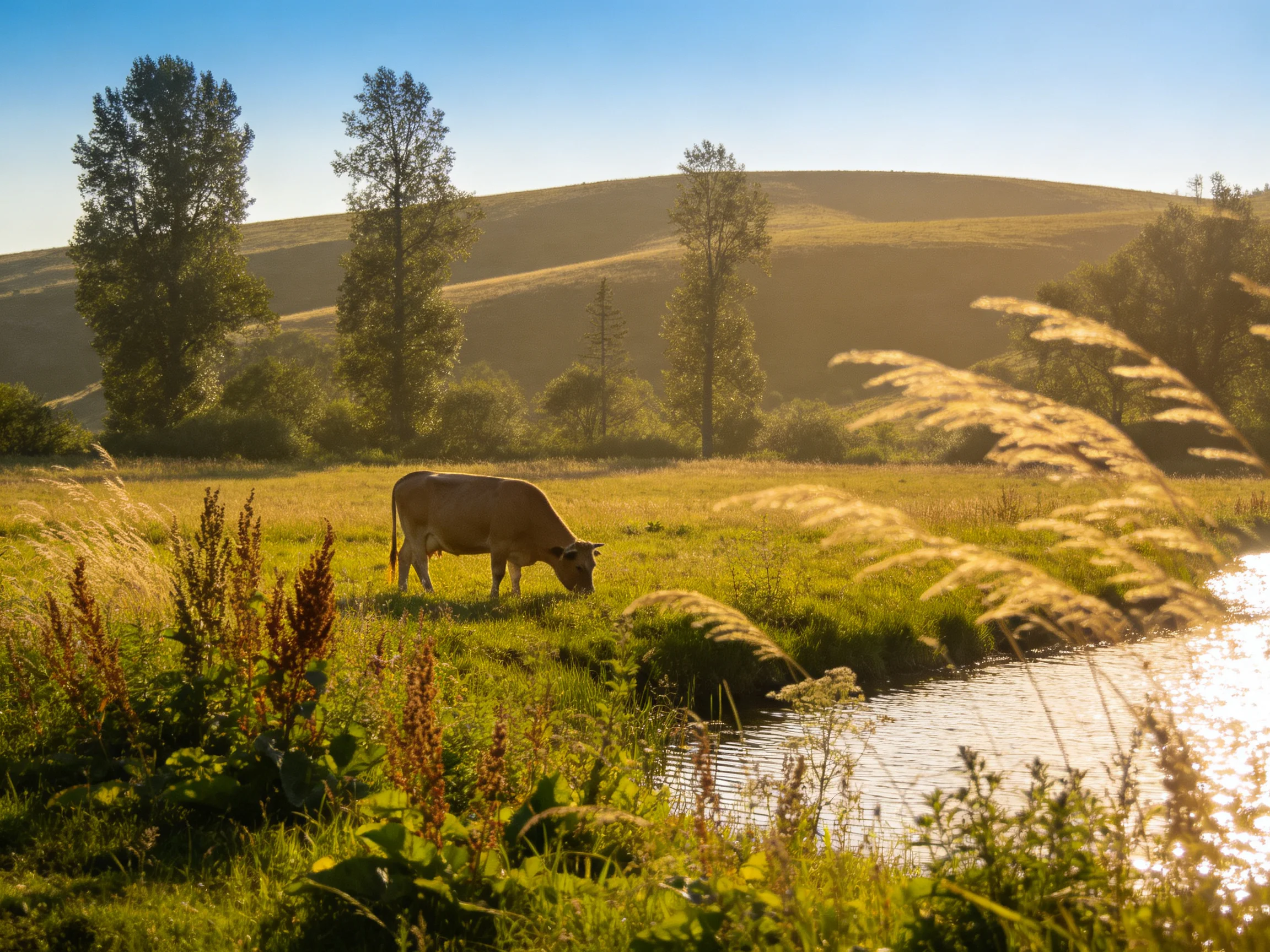A tan cow grazing near a sunlit stream with rolling hills