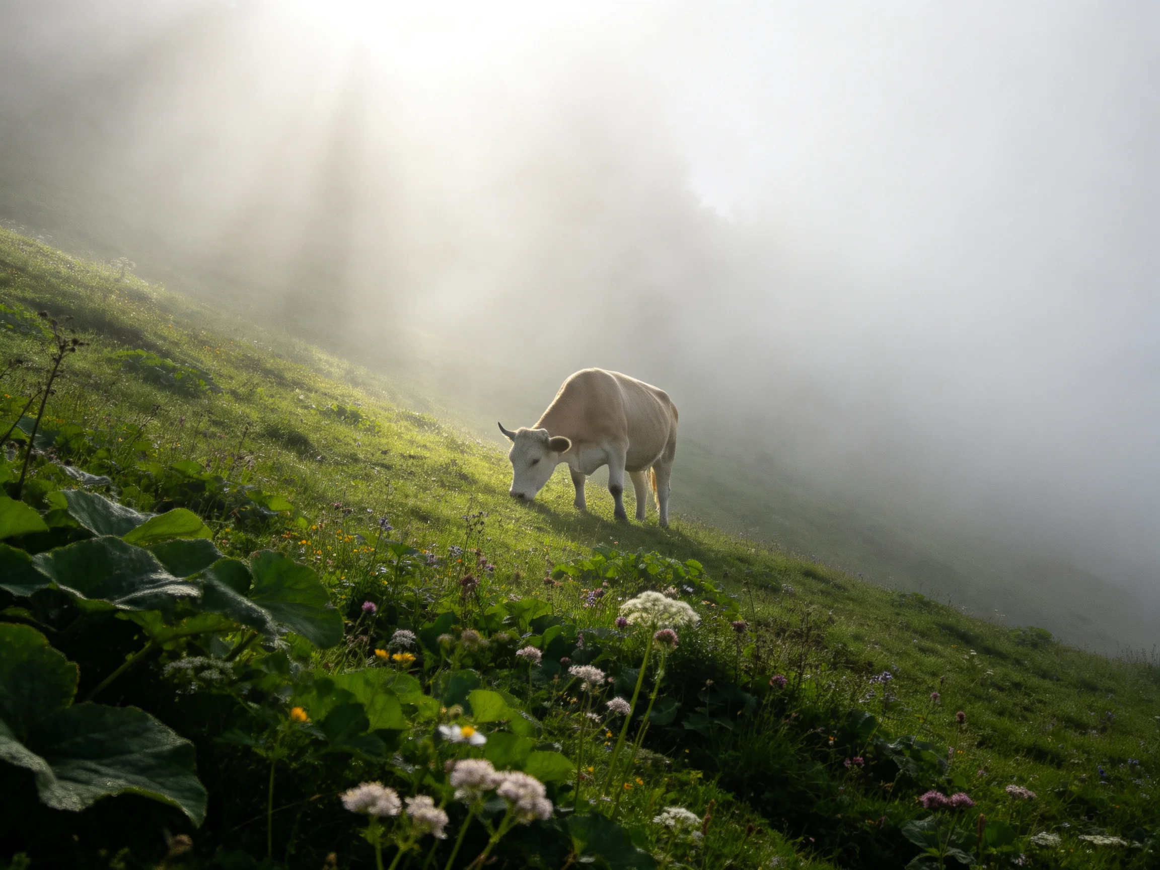 A tan cow grazing on a lush green hillside amid morning fog