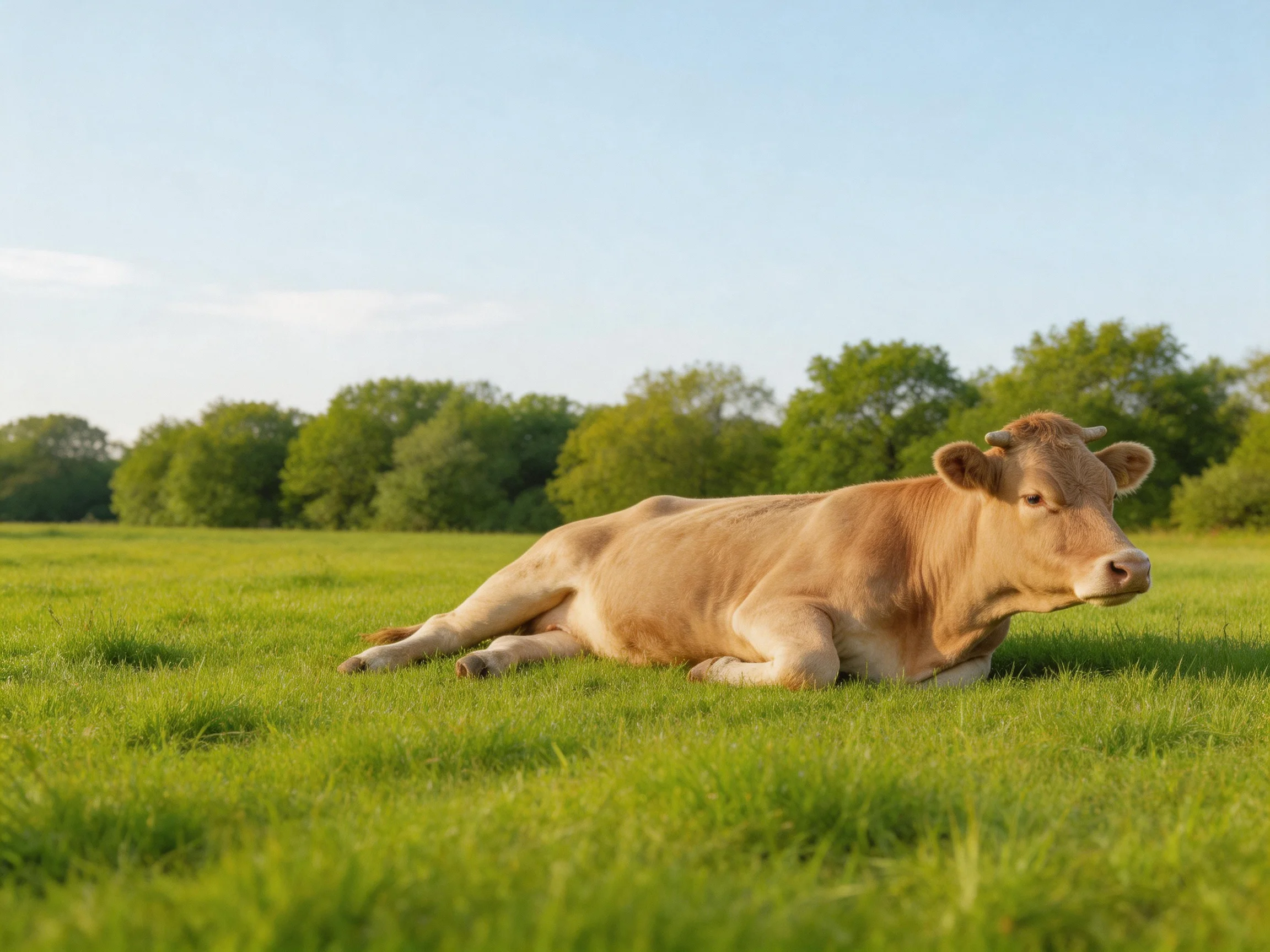 A tan cow rests in a lush green meadow near leafy trees