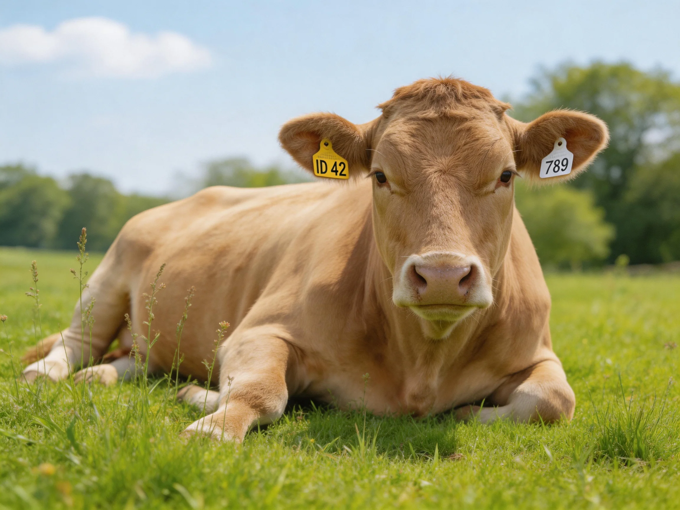 A tan cow rests on lush green grass with ear identification tags