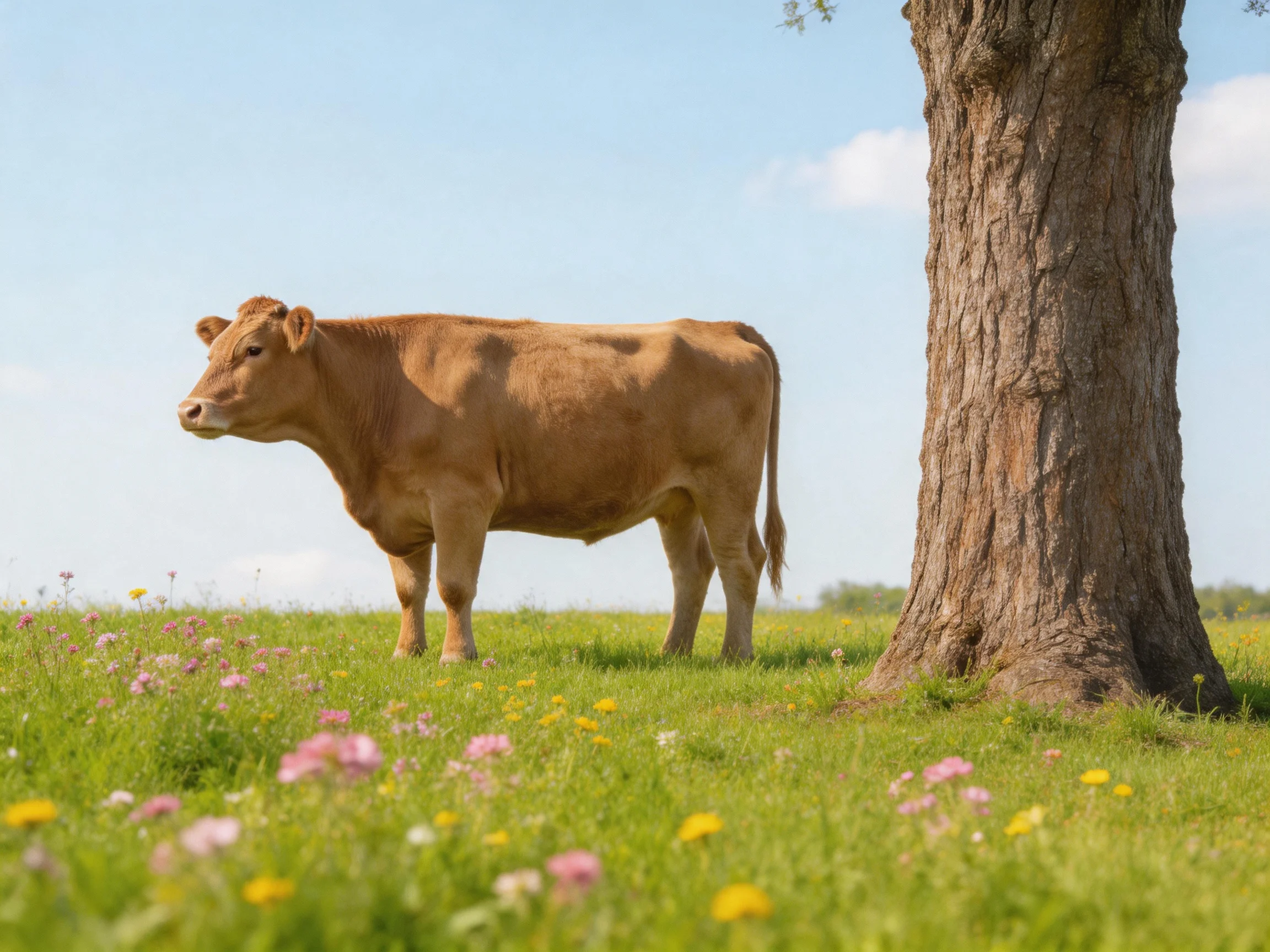A tan cow stands beside a massive tree in a colorful meadow with wildflowers