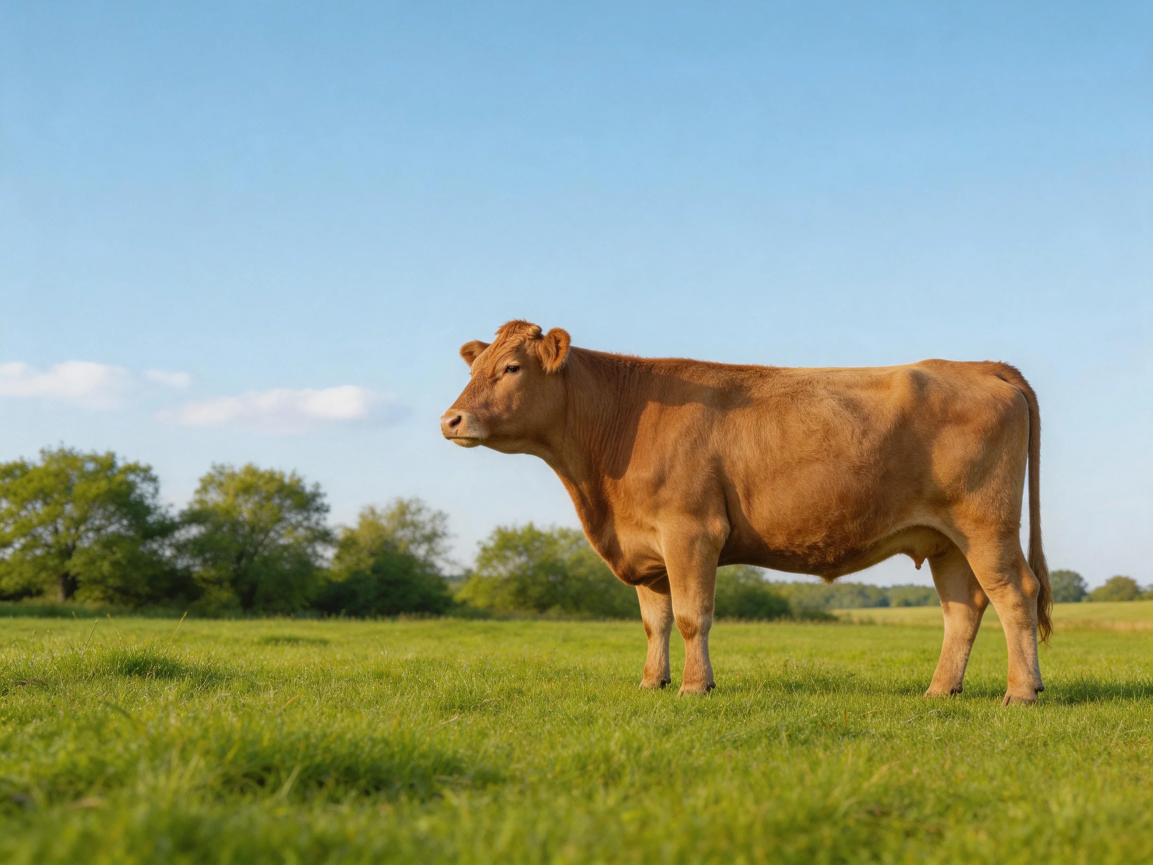 A tan cow stands in a lush green meadow under clear blue skies