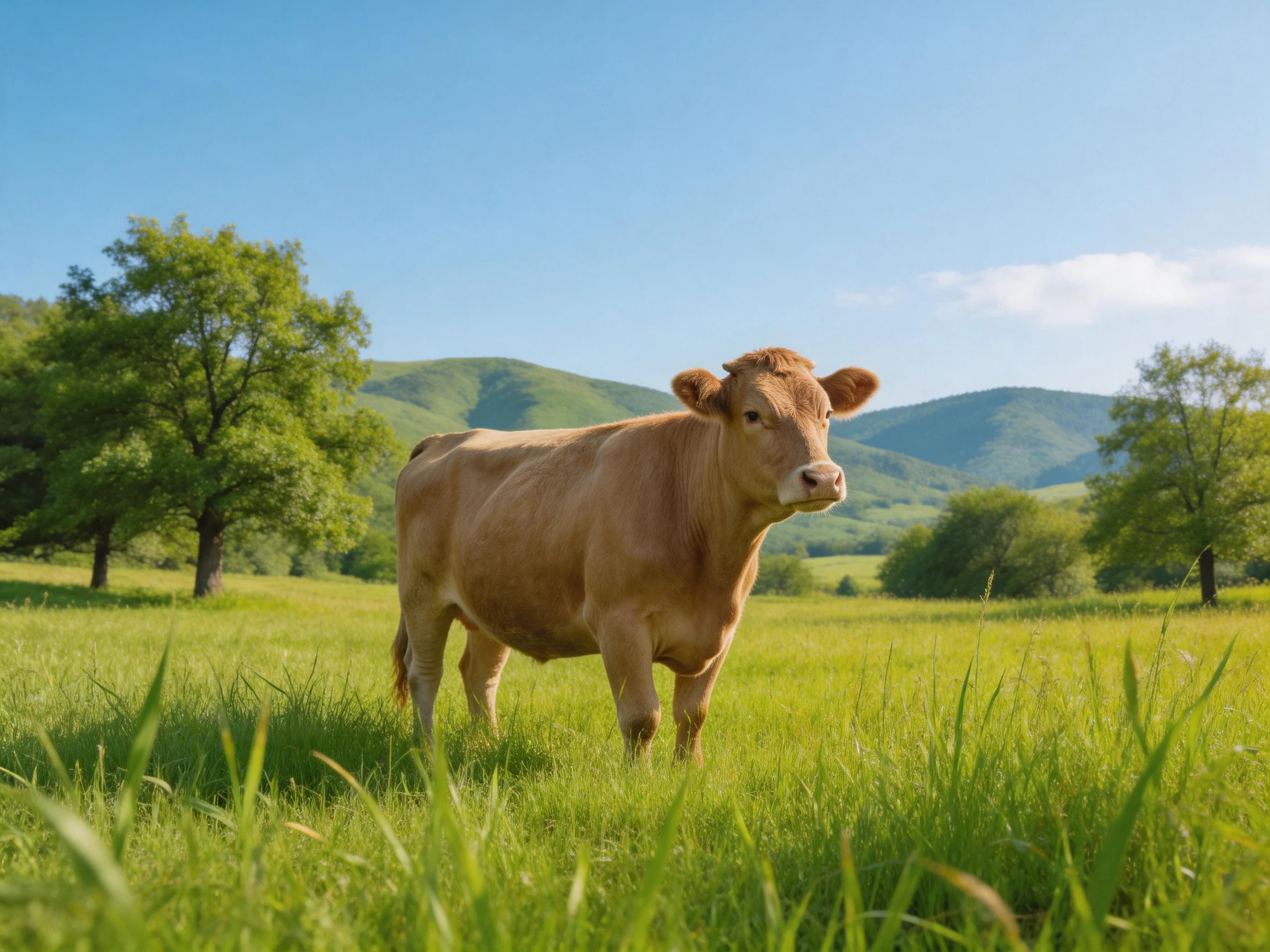 A tan cow stands in a lush green meadow with distant rolling hills