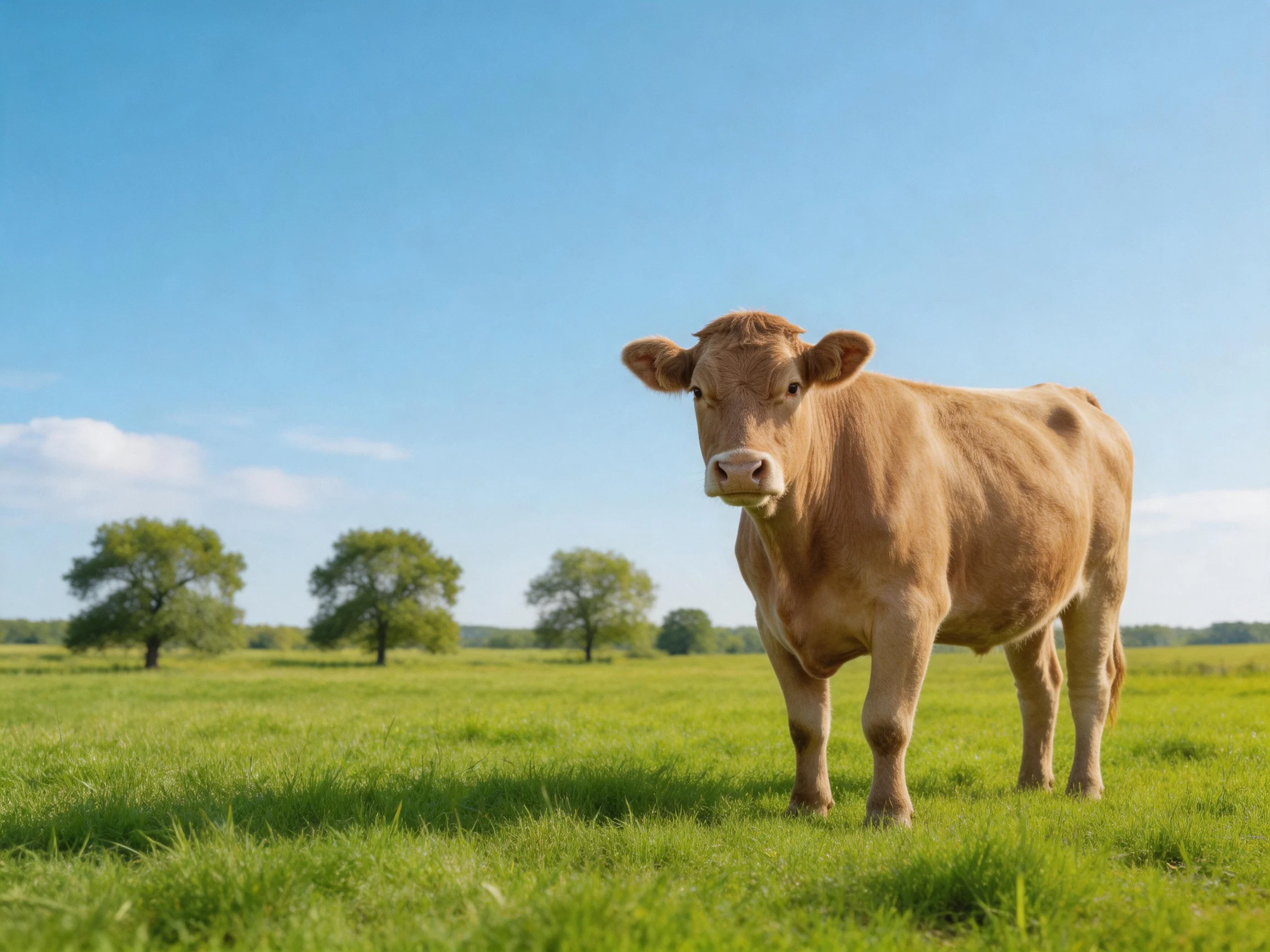 A tan cow stands in a lush green pasture near scattered trees