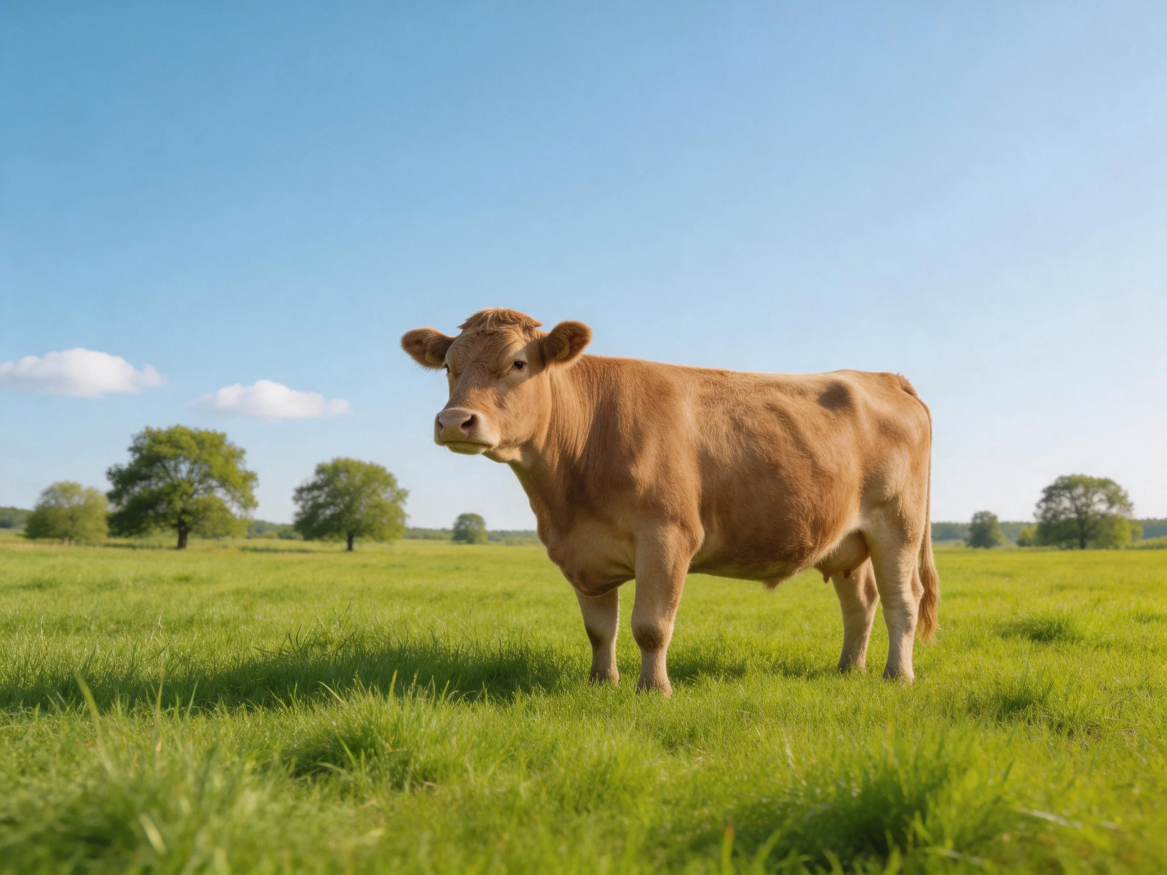 A tan cow stands in a lush green pasture with scattered trees