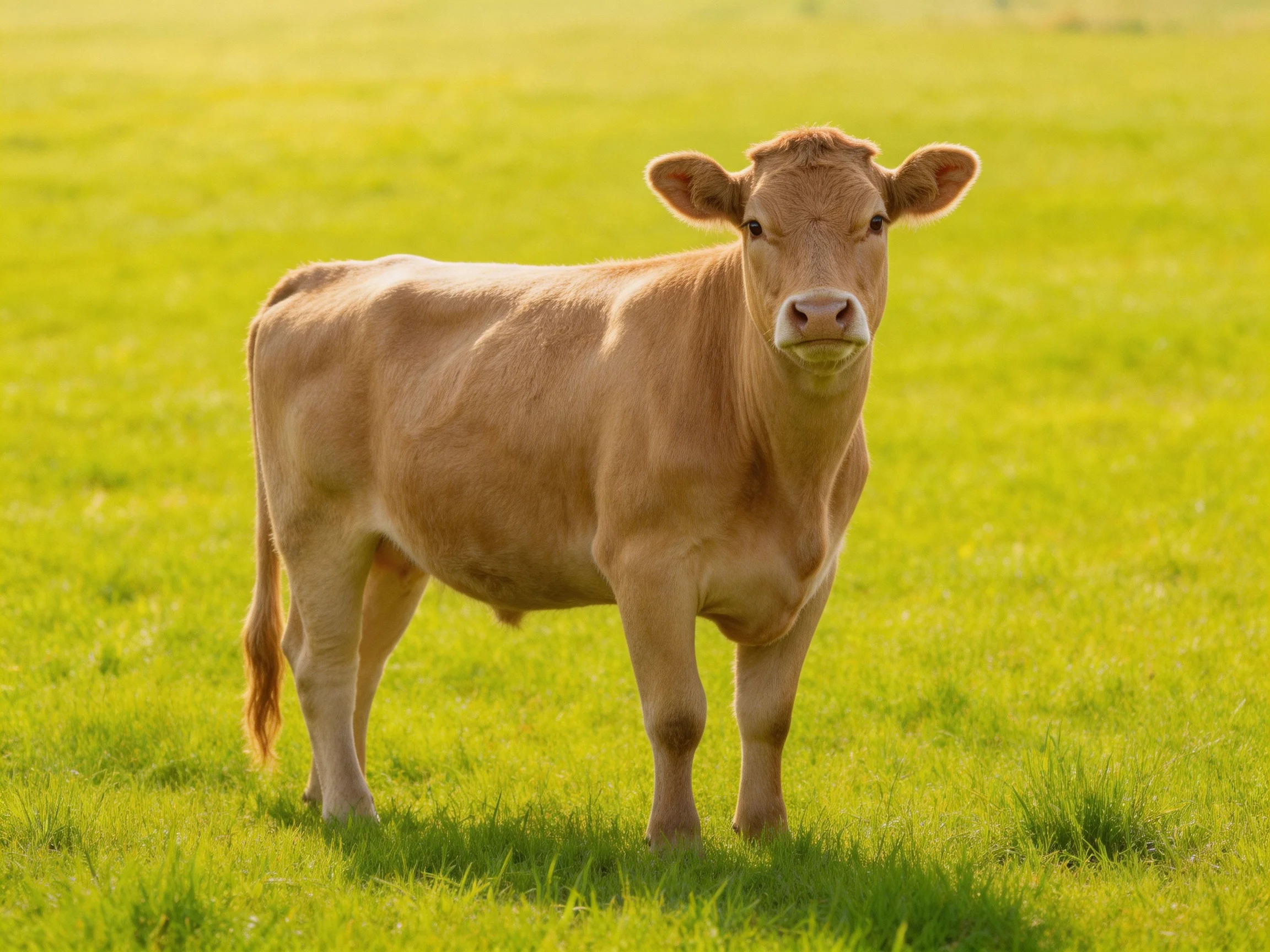 A tan cow stands in a sunlit verdant pasture