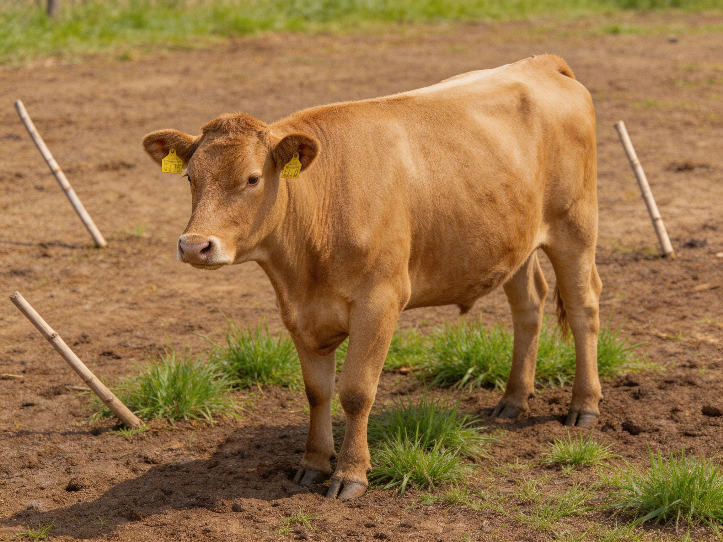 A tan cow stands near wooden stakes in a sunlit open field