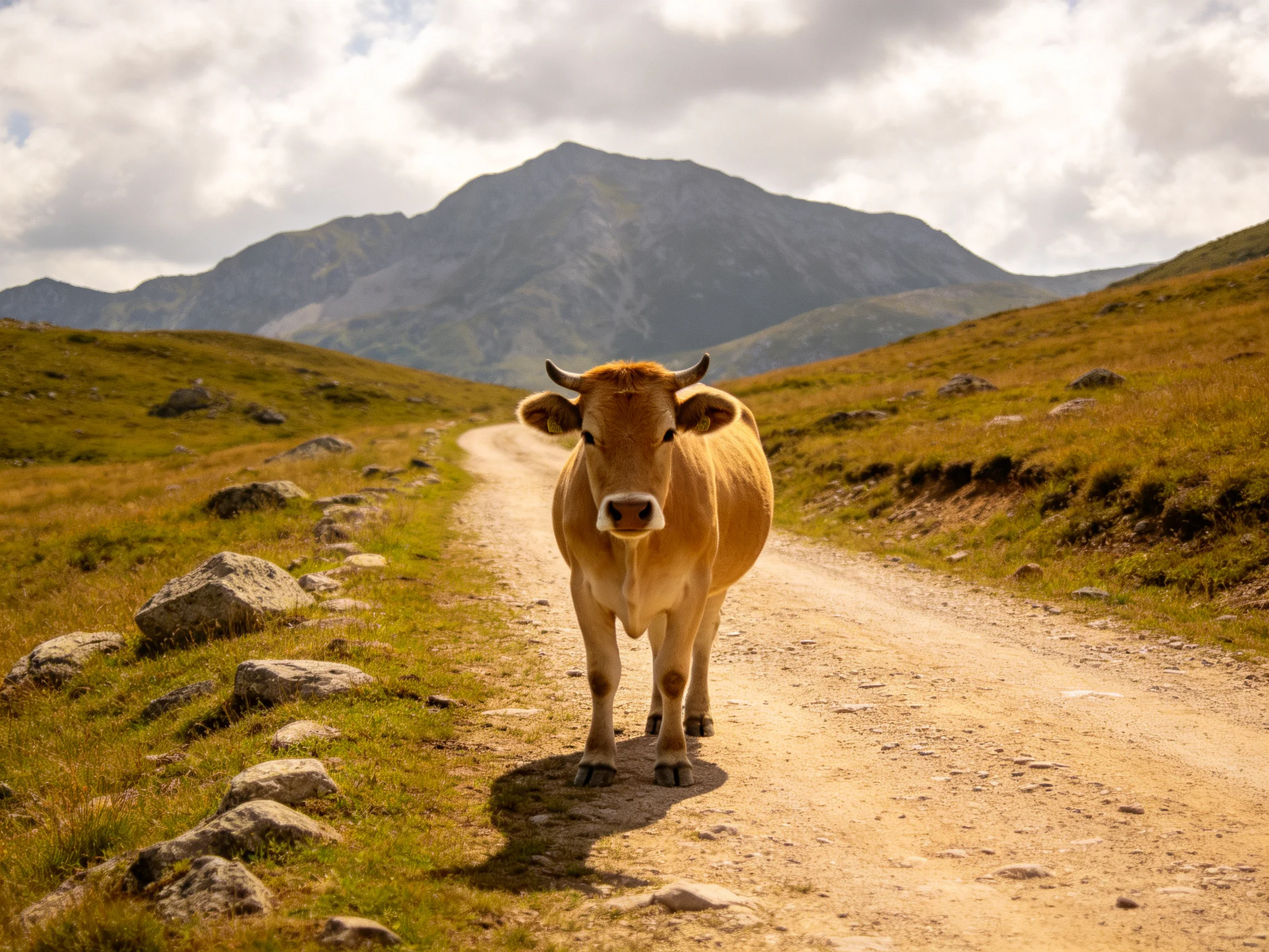 A tan cow stands on a dusty mountain path with rocky terrain