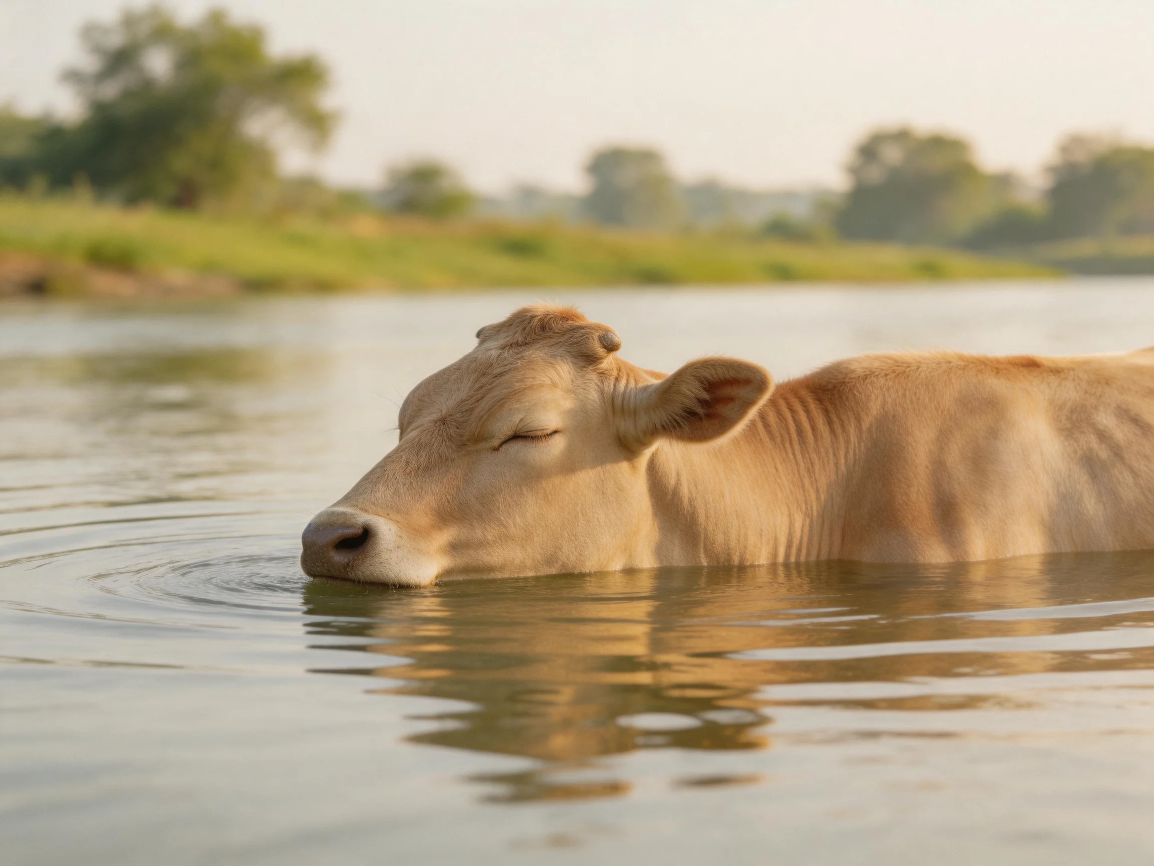 A tan cow swims serenely in calm river waters near green landscapes