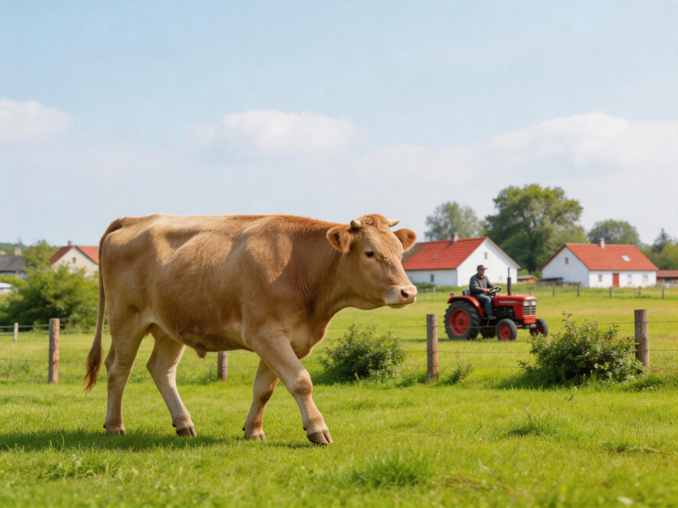 A tan cow walks near a red tractor in a green pasture