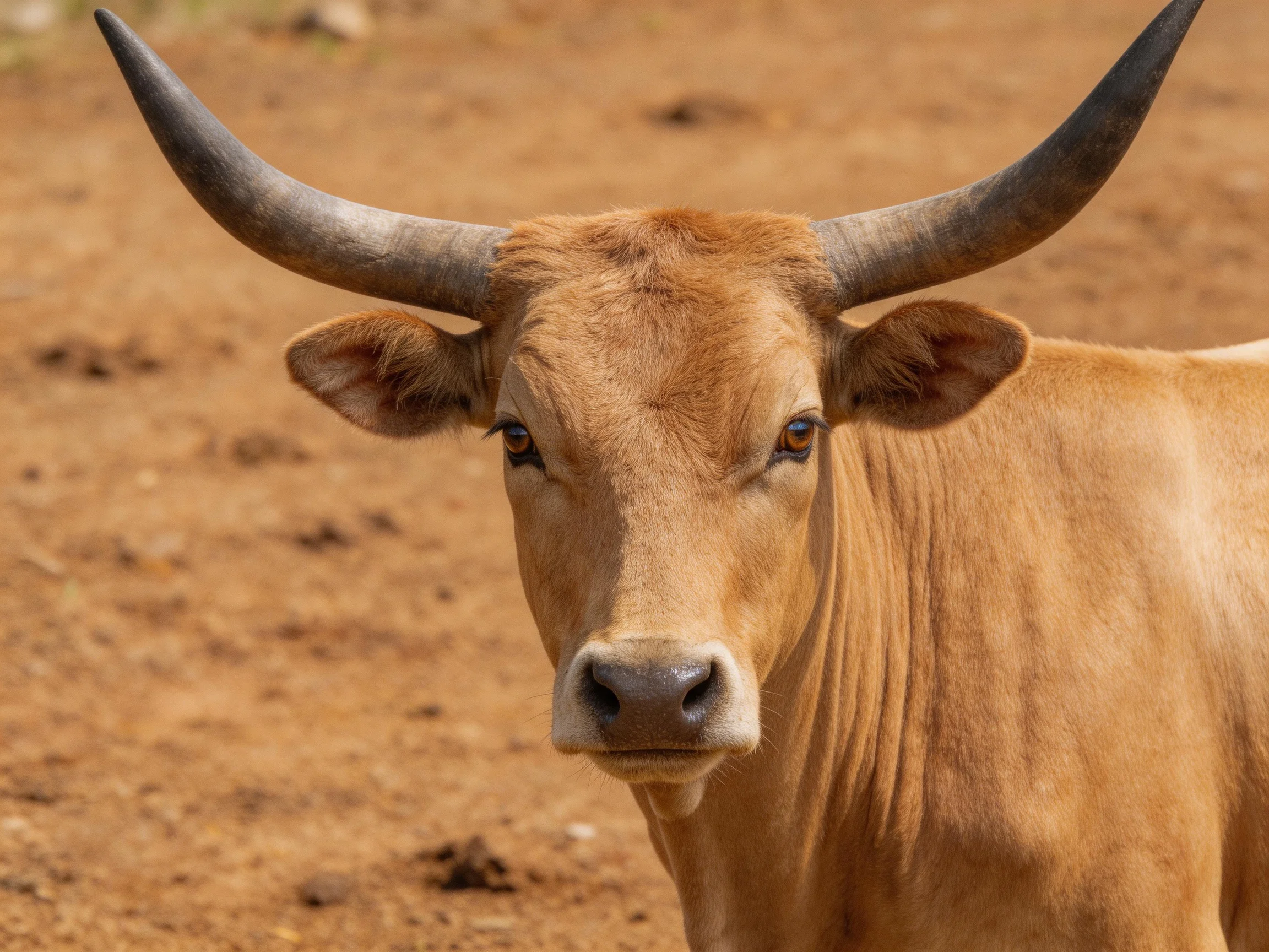 A tan cow with large curved horns on reddish dirt ground